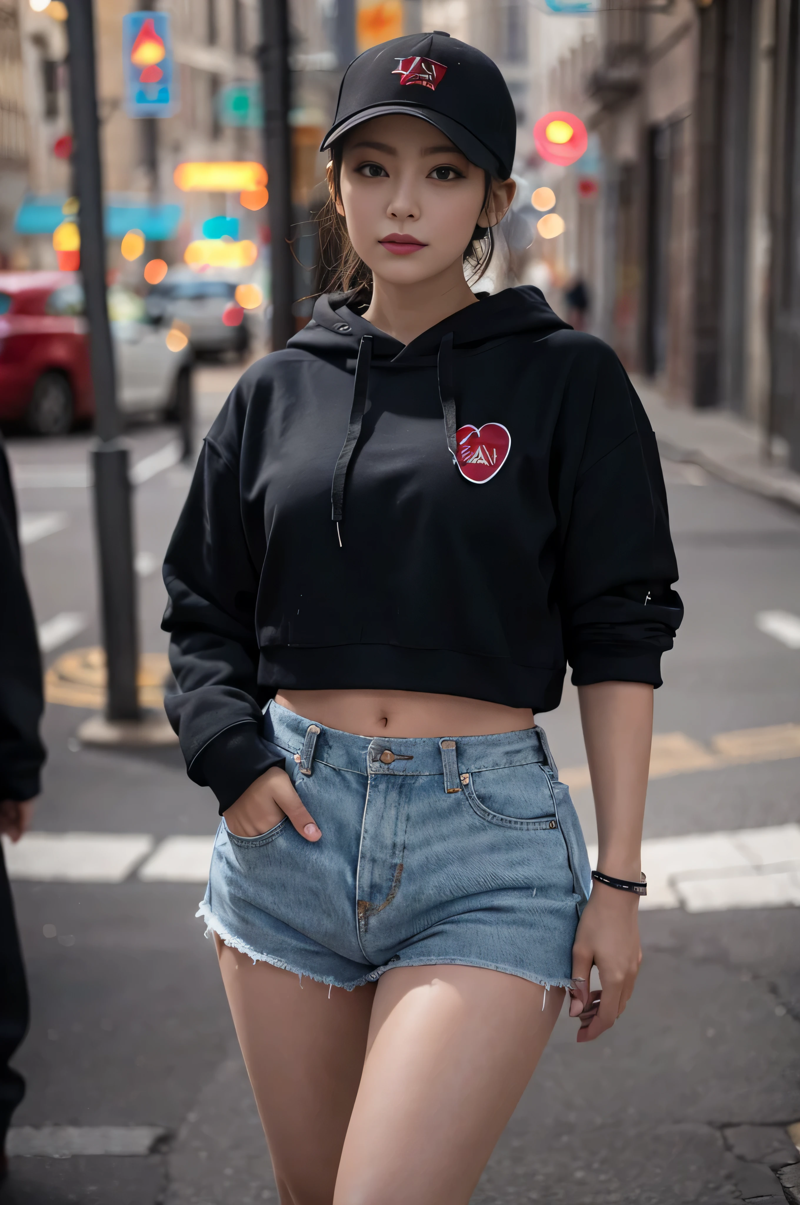 (((RAW image quality:1.4))), highest quality, ultra high resolution, (realistic: 1.4), Wearing a sporty hoodie and shorts、photo of active teenager, wearing sneakers, medium size breasts, full body photo, black baseball cap, Urban street with cafes, random pose、