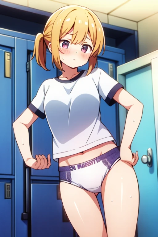 (highest quality、masterpiece、highest resolution)、1 girl、locker room、Change of clothes、underwear、Sweat、blush