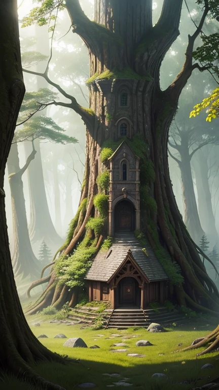A medieval tower made of mossy stones stands on the edge of the forest, surrounded by spreading oaks and spruce trees.; high quality textures, ultra-realistic environment, many small details, Intricate details, daylight, early morning, Slanting sun rays through foliage