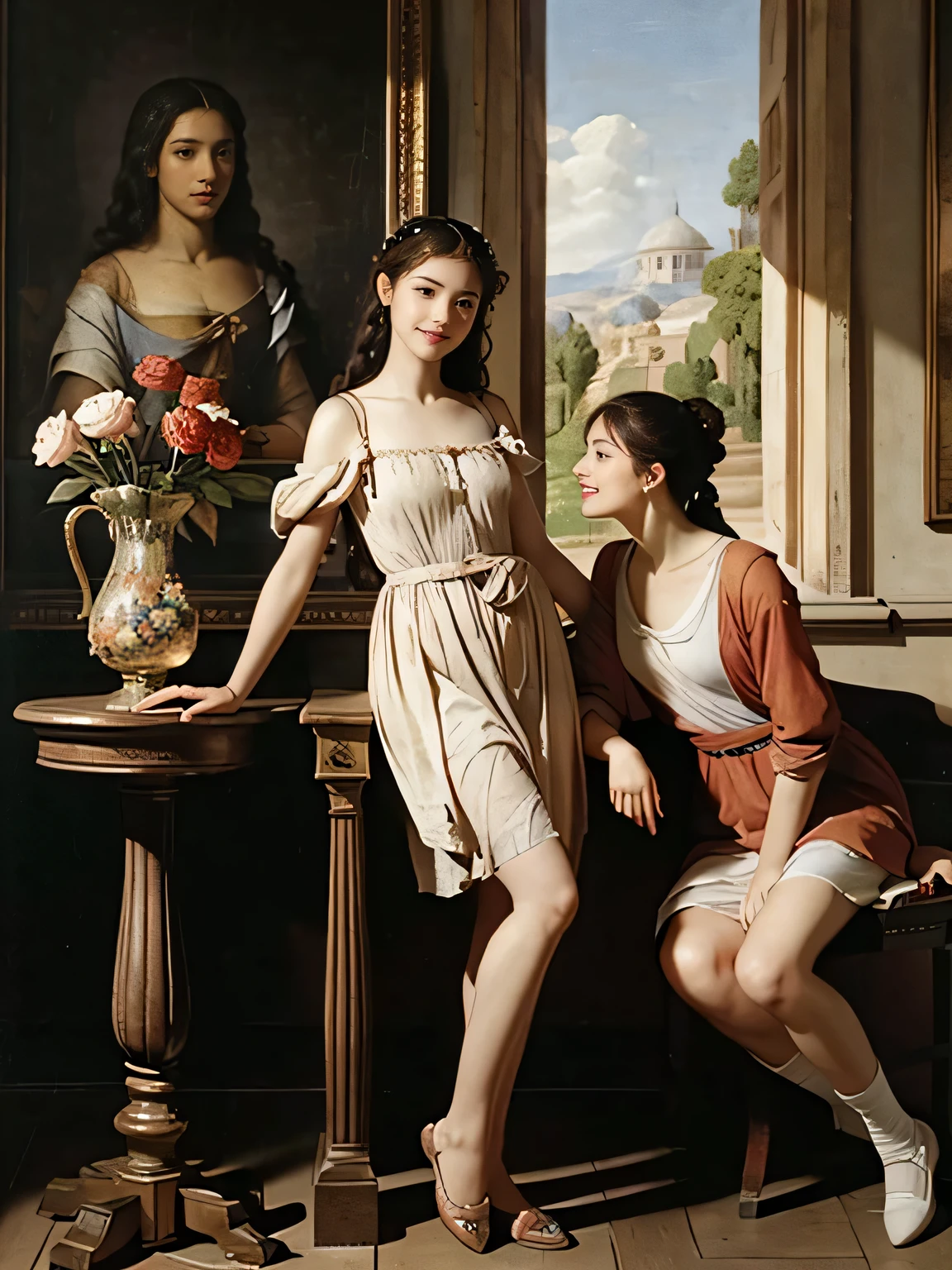 full body portrait or statue、Giorgione painting style,Arguments of two female Philosophe,math、astronomical machine、astronaut、roses in vase、fruits、Cute trinkets、smile、ancient greek costume、Ancient Roman landscape in the style of Nicolas Poussin,laughter,,Sweet and seductive appearance.、Caravaggio's paintings、Chiar