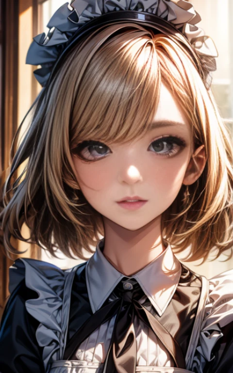 ((最high quality)),(ultra high resolution),(super detailed face),(detailed description),((best anime)),(best work of art),sharp, super precision art, great drawing art,The beauty of precise and precise details:1.3, ((woman:1.5)), clear shining eyes, very detailed, high quality, masterpiece, beautiful, alone, 1 girl, nevin, red eyes,  maid, maid headdress, maid apron, 