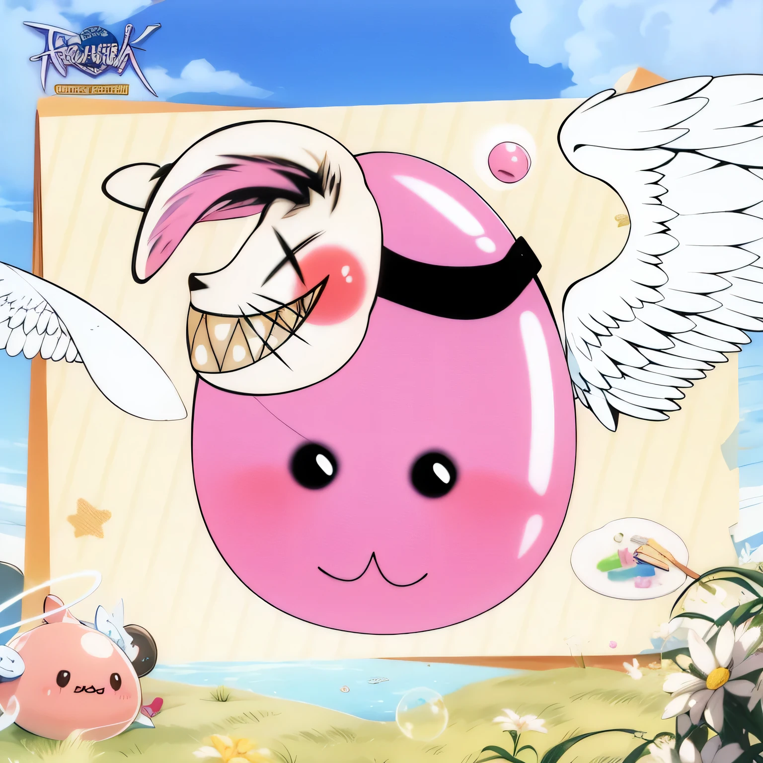 cartoon drawing of a pink egg with a black eye and a black nose, inspired by Hiromu Arakawa, pink angry bubble, inspired by Awataguchi Takamitsu, blob anime, haruno sakura, final fantasy face, inspired by Kanbun Master, toki doki, head is an egg, maplestory mouse, shirabii