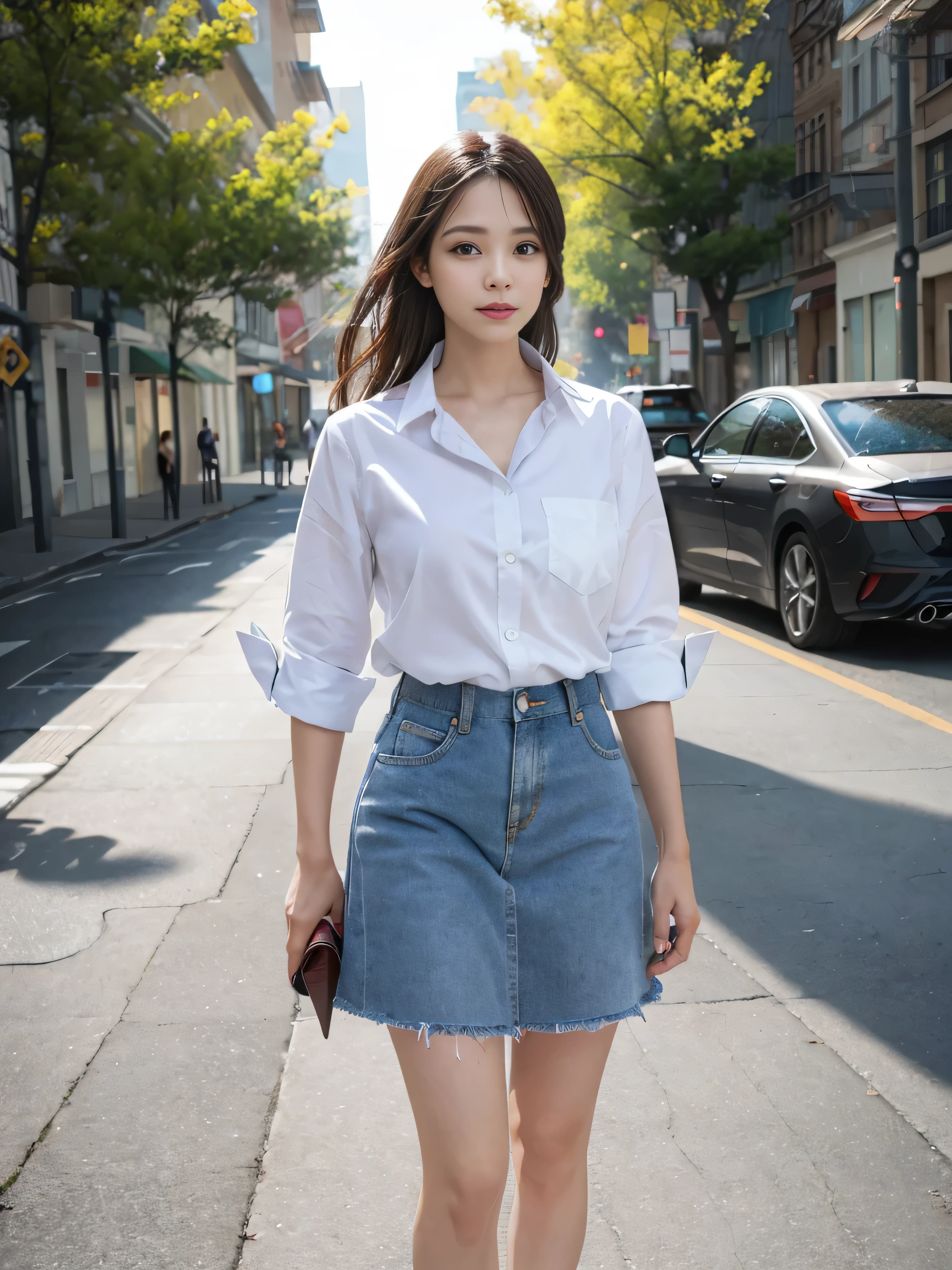 (((RAW image quality:1.4))), highest quality, ultra high resolution, (realistic: 1.4), Basking in the sunlight、Photo of a ager wearing a linen blouse and denim skirt walking down the street