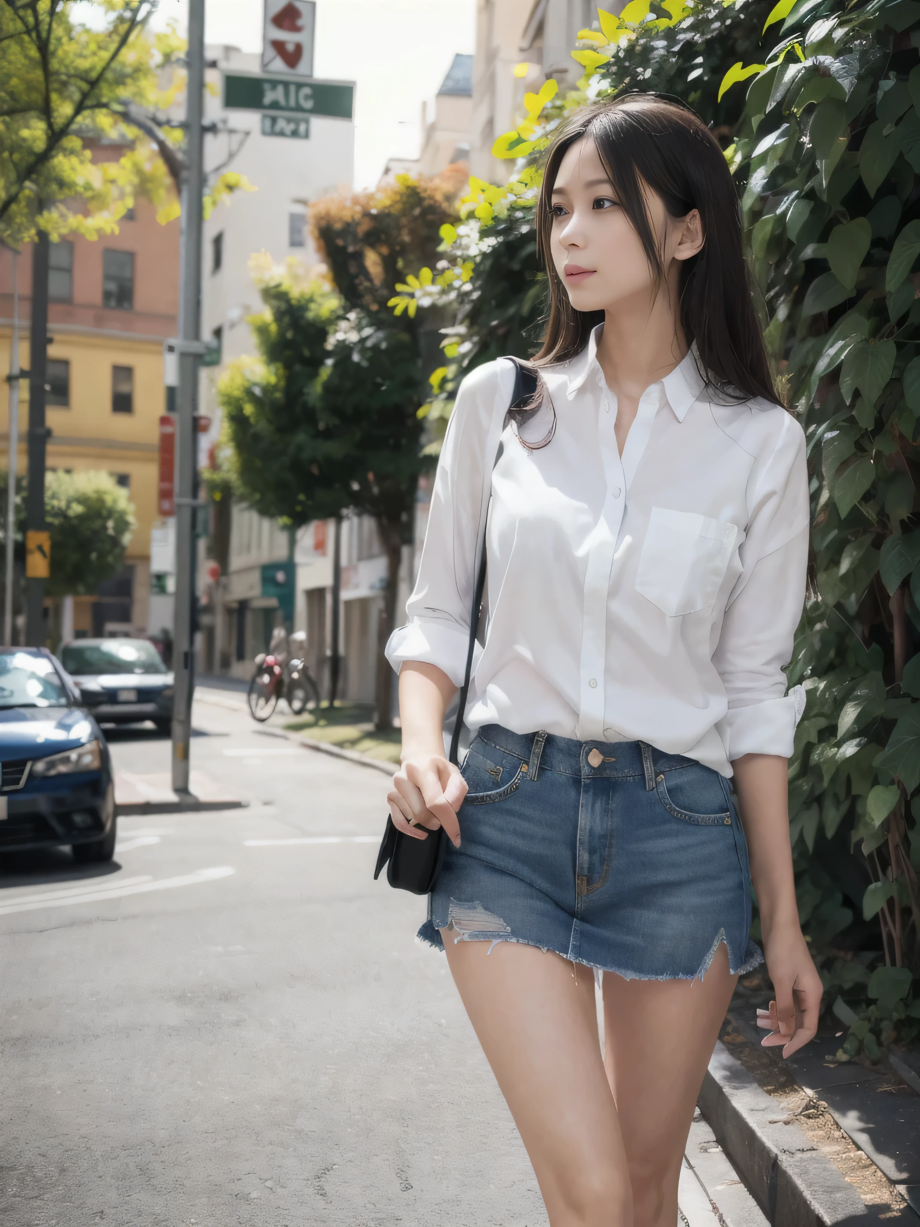 (((RAW image quality:1.4))), highest quality, ultra high resolution, (realistic: 1.4), Basking in the sunlight、Photo of a ager wearing a linen blouse and denim skirt walking down the street