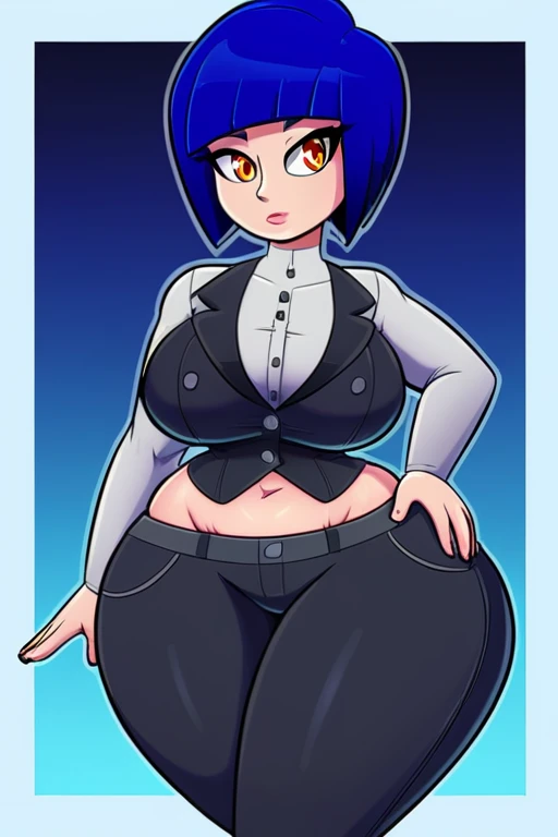 A beautiful woman, big breast, fat, dark blue hair, mini bob, her light orange eyes, she wears a black vest with buttons, she wears a gray jacket, she shows her navel and tight metallic black pants, huge thighs and sexy butt.