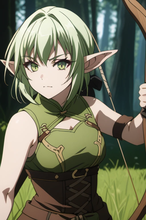 masterpiece, highest quality, High resolution, 4k, 8K, intricate details, cinematic lighting, amazing quality, great shading, soft lighting, Detail view, anime style, 
highgoblinarcher, high goblin archer, short hair, green eyes, bow, hair bow, black bow, side lock, green hair, pointed ears, goblin,
Thighhighs, boots, shorts, No sleeve, bare arms, thigh boots, brown footwear, brown shorts,
outdoor, forest, wood, nature, rock, Grass, 
looking at the viewer, cowboy shot, dynamic pose,