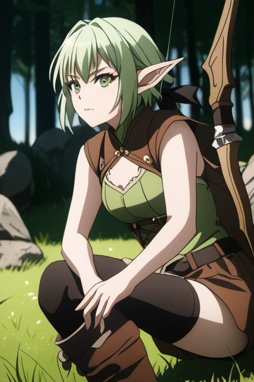 masterpiece, highest quality, High resolution, 4k, 8K, intricate details, cinematic lighting, amazing quality, great shading, soft lighting, Detail view, anime style, 
highgoblinarcher, high goblin archer, short hair, green eyes, bow, hair bow, black bow, side lock, green hair, pointed ears, goblin,
Thighhighs, boots, shorts, No sleeve, bare arms, thigh boots, brown footwear, brown shorts,
outdoor, forest, wood, nature, rock, Grass, 
looking at the viewer, cowboy shot, dynamic pose,