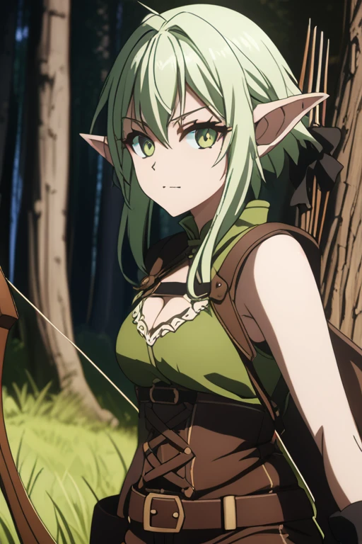 masterpiece, highest quality, High resolution, 4k, 8K, intricate details, cinematic lighting, amazing quality, great shading, soft lighting, Detail view, anime style, 
highgoblinarcher, high goblin archer, short hair, green eyes, bow, hair bow, black bow, side lock, green hair, pointed ears, goblin,
Thighhighs, boots, shorts, No sleeve, bare arms, thigh boots, brown footwear, brown shorts,
outdoor, forest, wood, nature, rock, Grass, 
looking at the viewer, cowboy shot, dynamic pose,