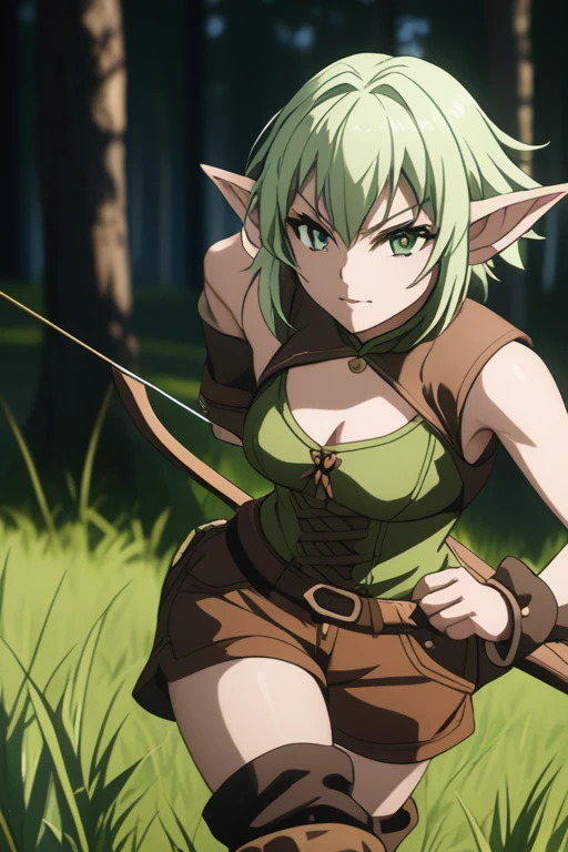 masterpiece, highest quality, High resolution, 4k, 8K, intricate details, cinematic lighting, amazing quality, great shading, soft lighting, Detail view, anime style, 
highgoblinarcher, high goblin archer, short hair, green eyes, bow, hair bow, black bow, side lock, green hair, pointed ears, goblin,
Thighhighs, boots, shorts, No sleeve, bare arms, thigh boots, brown footwear, brown shorts,
outdoor, forest, wood, nature, rock, Grass, 
looking at the viewer, cowboy shot, dynamic pose,