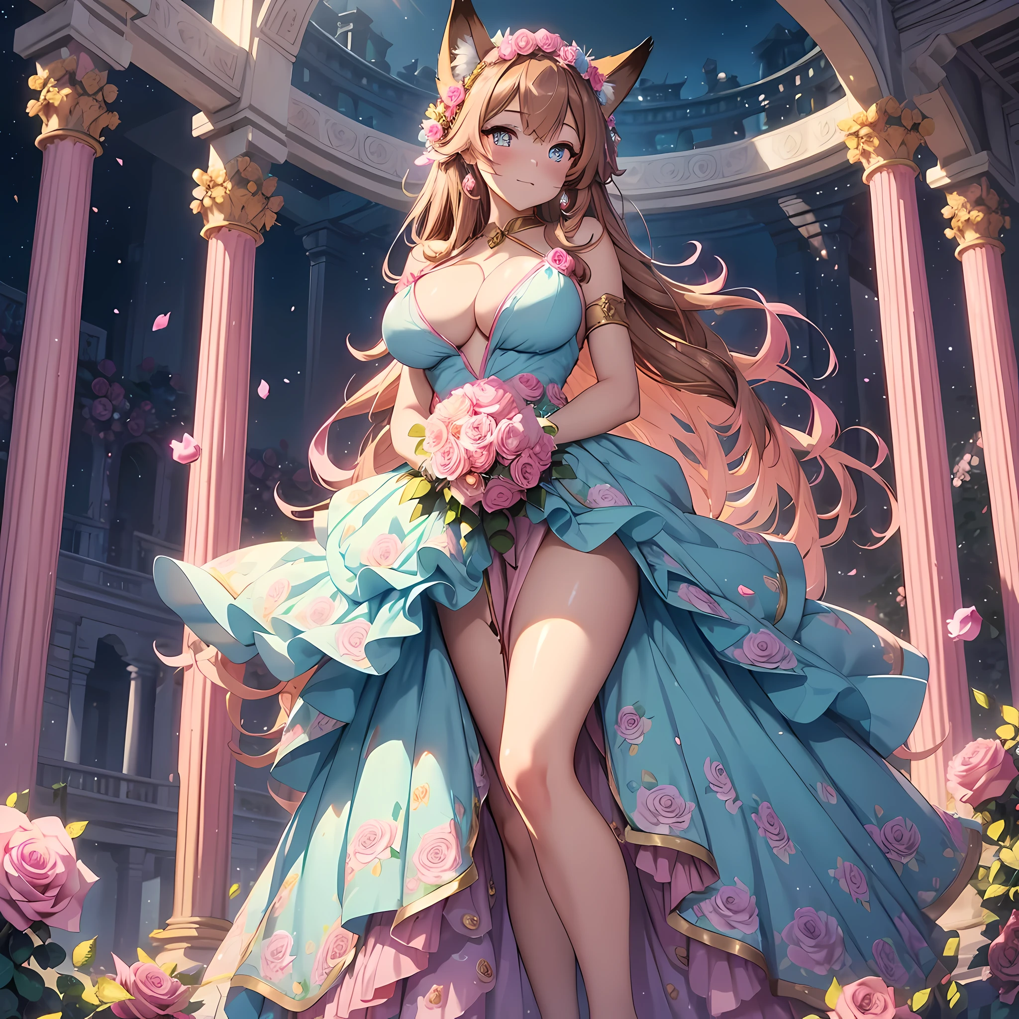 (masterpiece), best quality, expressive eyes, perfect face,(fox girl, Fox ears, fox tail),((light brown hair)),(glowing yellow pupils),(huge breasts:1.4),cleavage,(princess:1.2),(pink and light blue floral deep V dress with a rose corsage:1.5),high heels,crystal pendant,circlet,earrings,armlets,bracelets,bashful smile,standing,sexy pose,golden castle,(night:1.1),(starry sky 1:1)