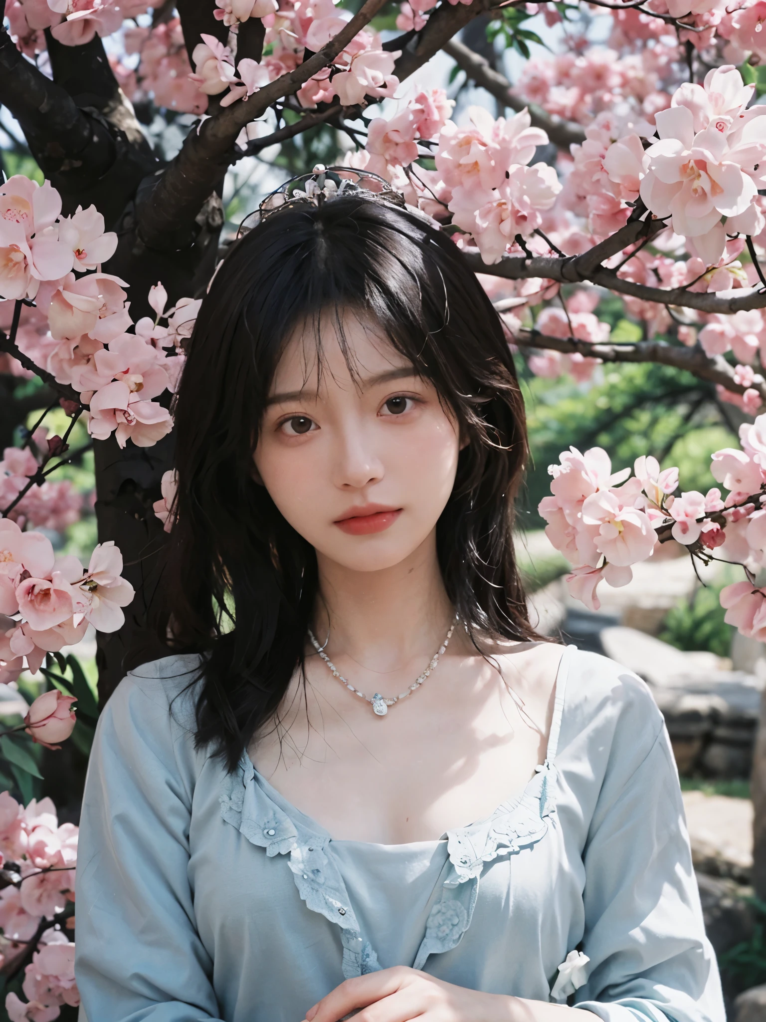 best quality， ultra high resolution， （realistically：1.4）， Cute tiara，Baoyu Girl， A pair of clear and charming peach blossom eyes,Royal sister，The sun shines on the face，Long curly hair，（under the cherry blossom tree：1.4），（necklace：1.2），（White skin：1.4），（Full body female love：1.2）a sense of atmosphere，a beautiful girl，looking directly at the viewer， Close-up cleavage ，(lifelike:1.4),1 girl,Sexy,(Upper body:1.4),(wet),(:1.2)