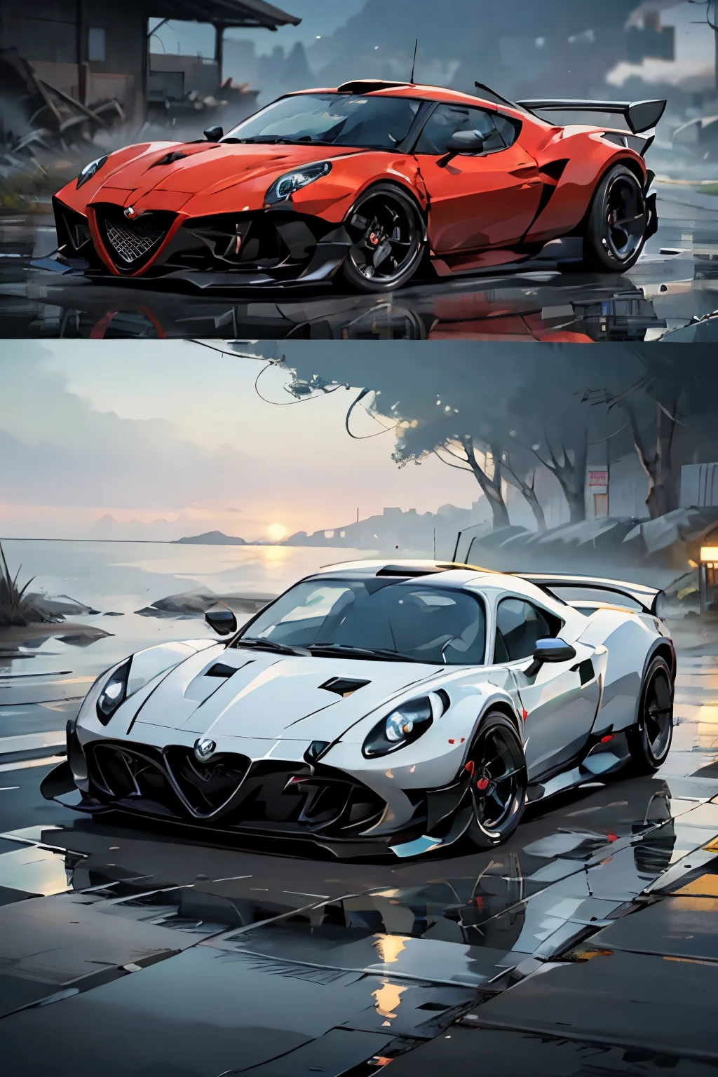 Alfa Romeo 4c Concept Sport Car, masterfully painted by Leszek Bujnowski and skillfully brought to life by Sam Toft. Captured in an arresting 16:9 aspect ratio, the image boasts a stunning resolution of 850 pixels by 480 pixels, ensuring every detail of the vibrant Alfa Romeo 4c is crisply rendered.
The concept car is depicted in all its glory, with the innovative curves and sleek design of the Alfa Romeo emblazoned across its body. The rich, glossy finish of the vehicle's metallic paint catches the light in a dazzling dance, reflecting off the