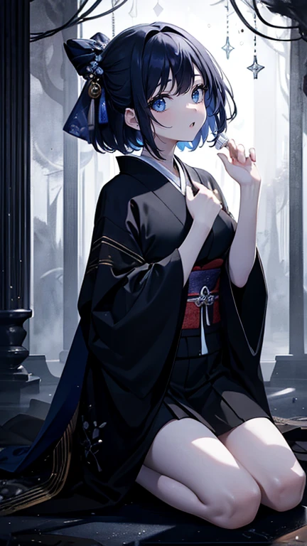 (masterpiece,highest quality,Super detailed),1 girl, Black and navy blue hair,Beautiful and dense face, fine eyes,looking at the viewer, face of great sadness,scream,open mouth,large tears,tears are falling,kneeling on the ground,Stretch your right hand out wide and open your palm.,blue eyes,((gray theme),pale skin,japanese kimono, shining eyes,((night)),dark environment, (((fresco,fresh picture))),in the forest,