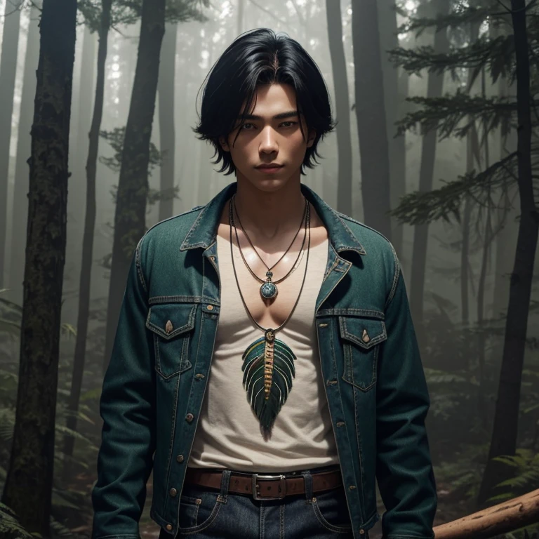 20 year old boy with Latin appearance long messy black hair open brown jacket green shirt blue jean pants muscular build dreamcatcher necklace looking straight at viewer in a foggy forest area holding an ax