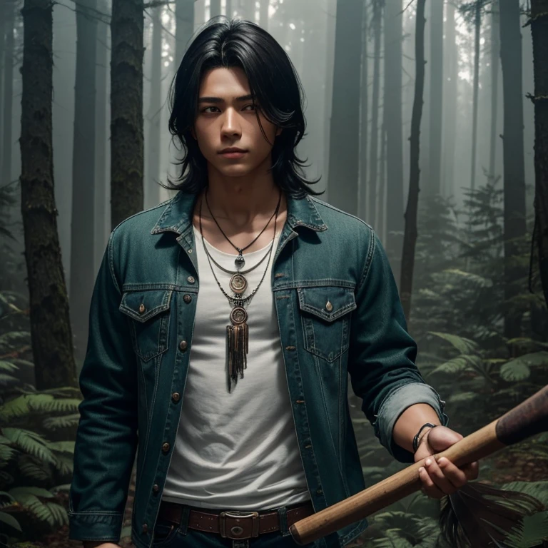 20 year old boy with Latin appearance long messy black hair open brown jacket green shirt blue jean pants muscular build dreamcatcher necklace looking straight at viewer in a foggy forest area holding an ax