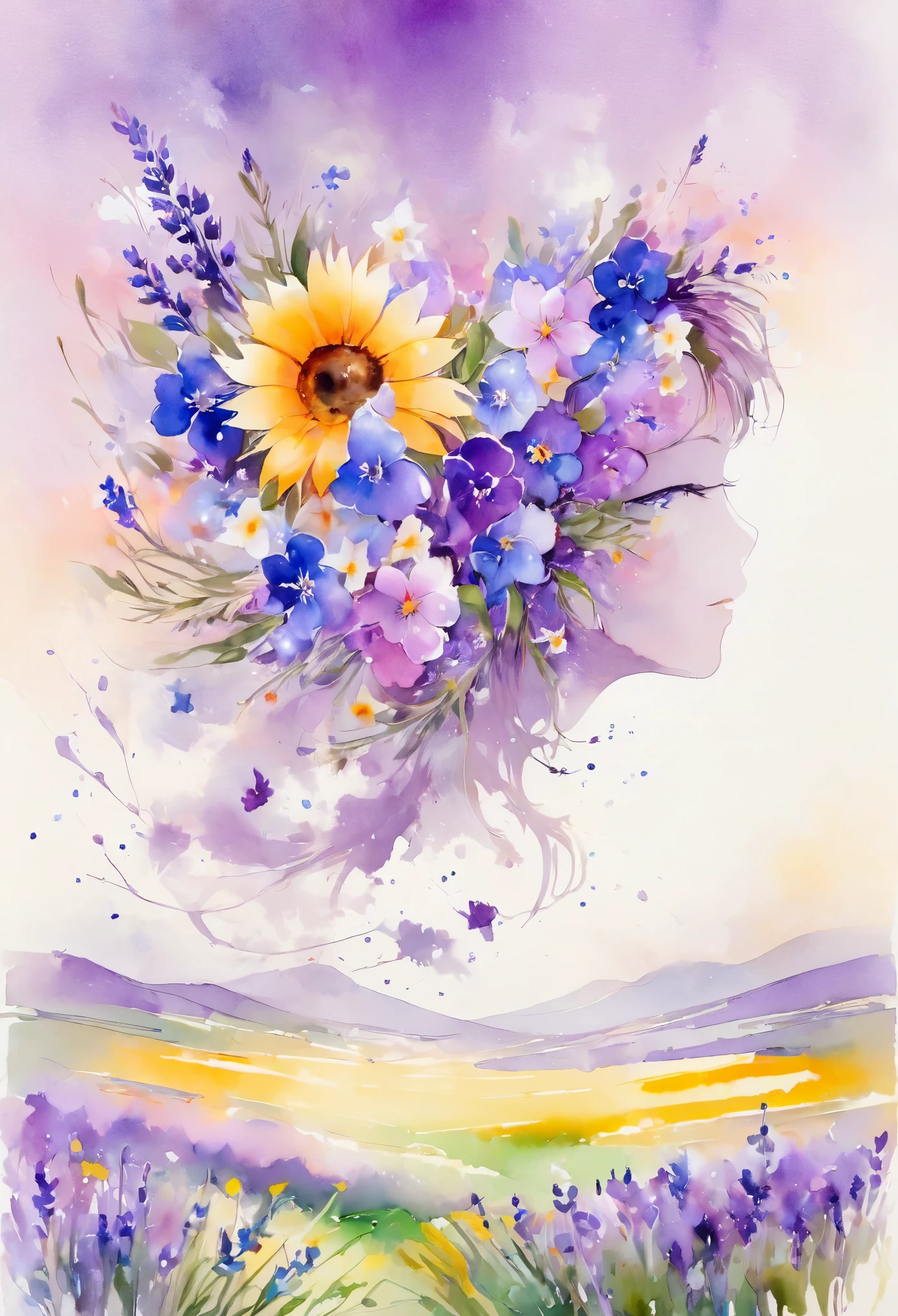 This watercolor flower painting presents an elegant and fresh visual effect。Wildflower and lavender fields，Forming the perfect combination of nature and romance。The screen is dominated by a white background，Highlight isolated watercolor flower。Splash technology recreates wet conditions，The atmosphere seems vague and dreamy。The unique composition and abstract expression add to the artistic sense of the picture.，Contains elements of surrealism。The overall color tone is mainly light colors，Lilac and green complement each other beautifully，Show high-resolution details。The splash-ink effect adds a touch of agility to the picture，The light color gives the flowers a deep and restrained beauty.。