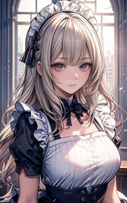 ((最high quality)),(ultra high resolution),(super detailed face),(detailed description),((best anime)),(best work of art),sharp, super precision art, great drawing art,The beauty of precise and precise details:1.3, ((woman:1.5)), clear shining eyes, very detailed, high quality, masterpiece, beautiful, alone, 1 girl, nevin, red eyes,  maid, maid headdress, maid apron, 