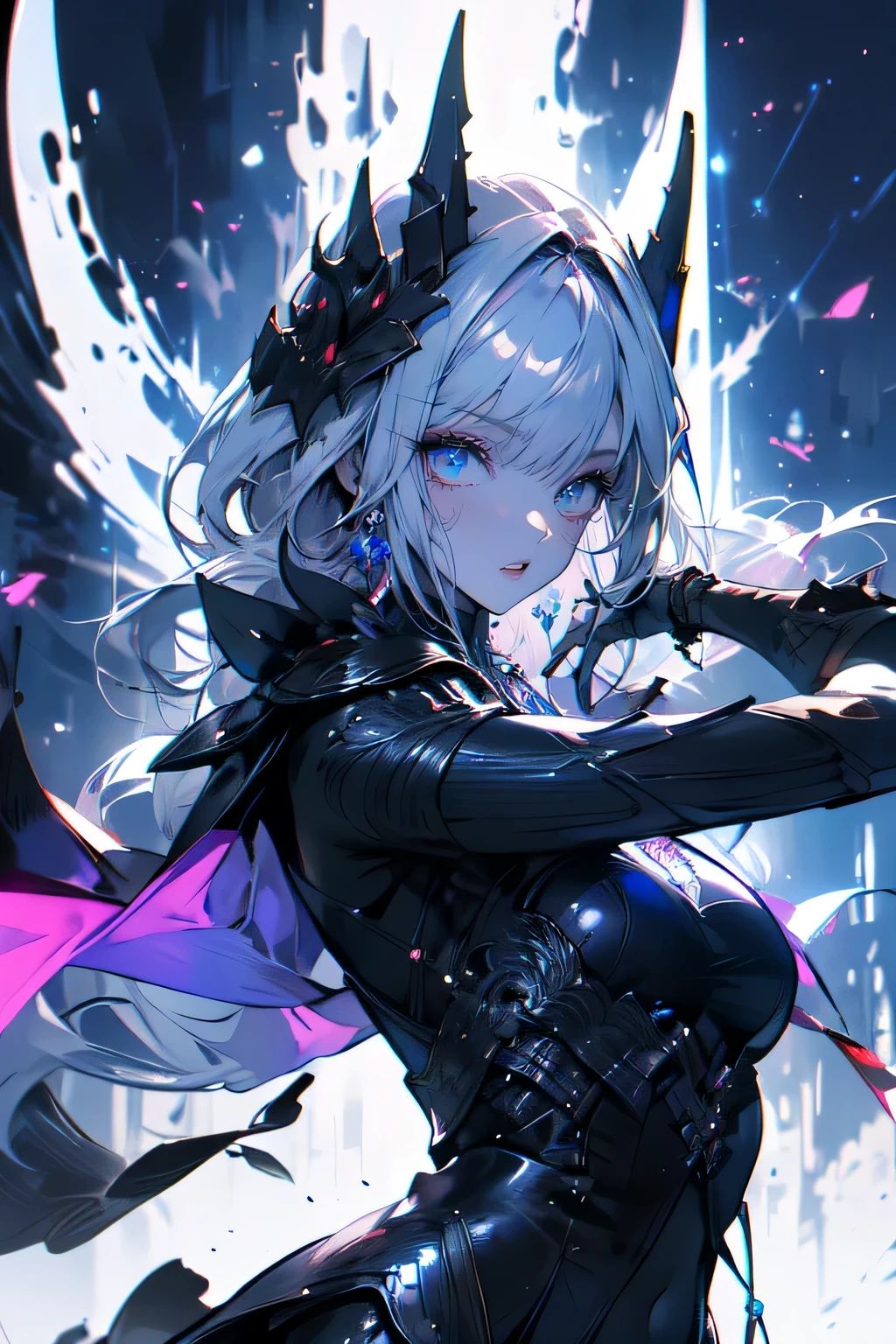 Super fine illustration,((Masterpiece, Best quality)),Extremely detailed eyes and face,The artist has provided more details for anime female characters in armor, 1girll, Dynamic pose, Delicate and shiny tan_skin,Black armor, Solo,Evil smile, Long shiny hair, Shoulder armor, Blue eyes, Large of breast,Evil Warrior,Black cuirass,Black bodysuit, Crotch, Dark, Depth of field,Outdoors,Professional lighting,cinematic shadow,Black Knight ,darkened room,