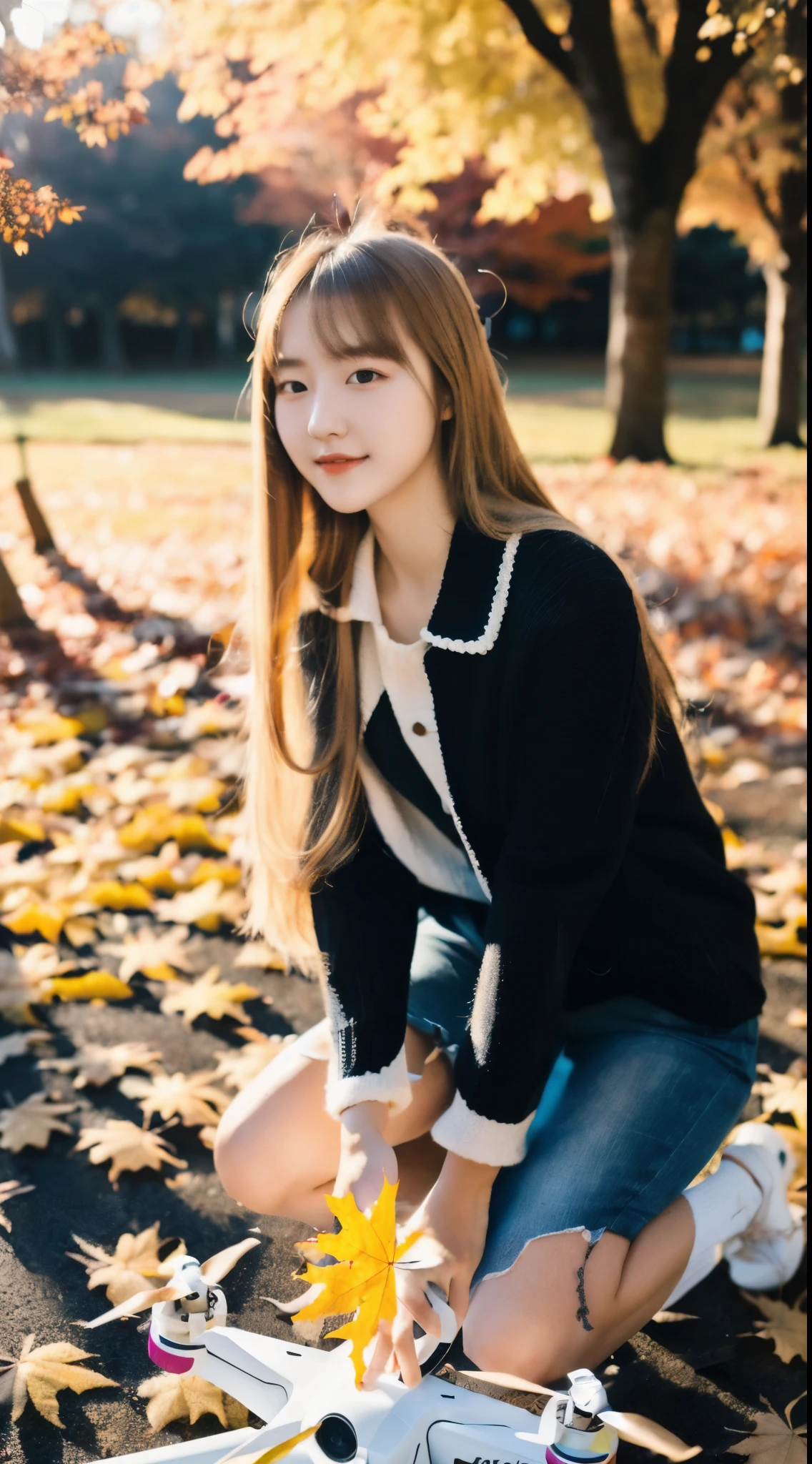 Fullbody, ((best quality)), ((ultra res)), ((photorealistic:)), (intricate details), 22 years old, blonde very very long  hair rapunzel, perfect face, make up:.  light on face, face detail, sit down in fall, excited, full body, playing drone