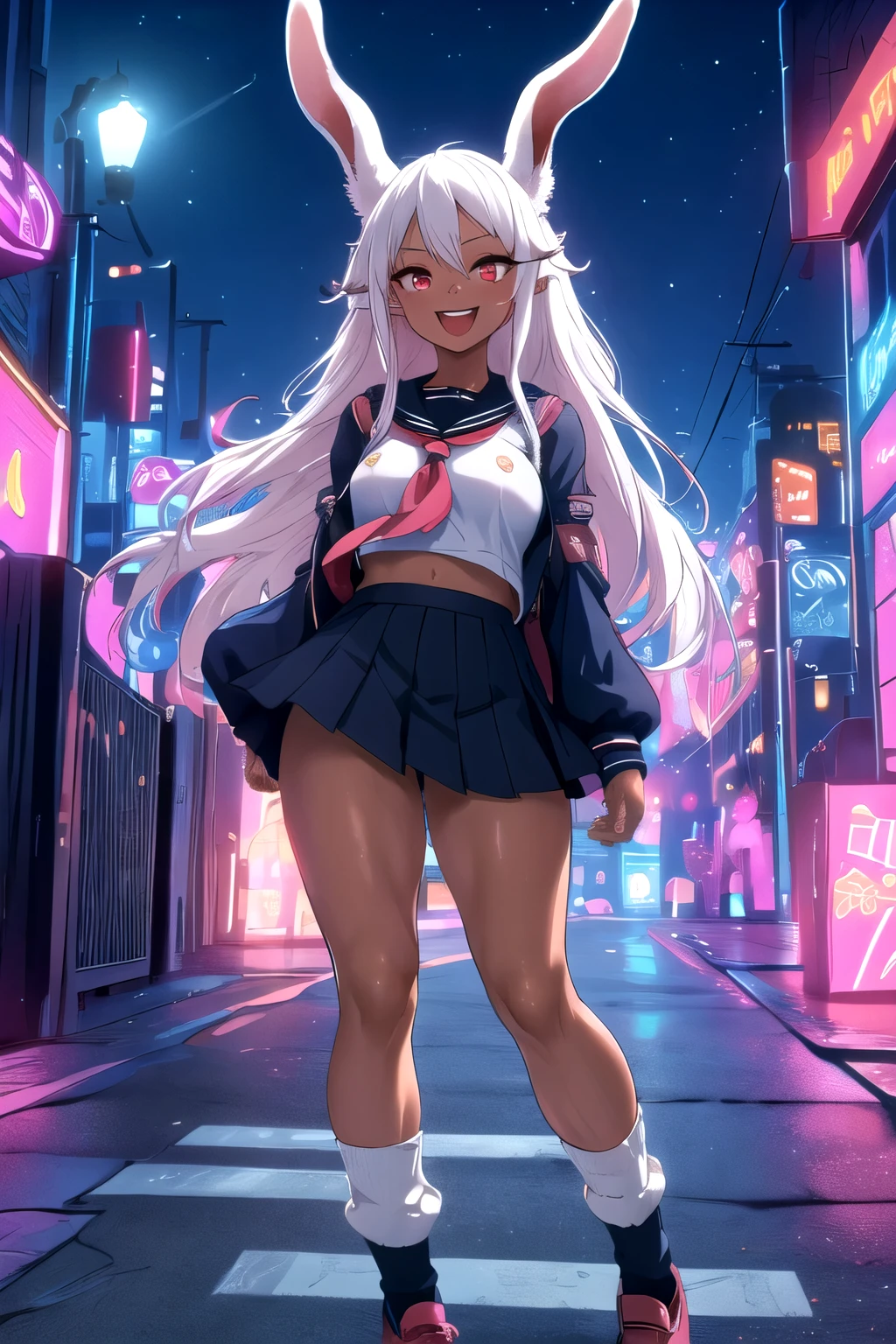 ((masterpiece)), (best quality), official art, extremely detailed CG, unity 8k wallpaper, ultra detailed, highly detailed, detailed background,
mirko mha, 1girl,  solo, dark-skinned female, dark skin, rabbit girl, muscular female, animal ears, rabbit ears, muscular, abs, red eyes, long eyelashes, superhero,  white hair, very long hair, parted bangs,
blush, smile, :d,  open mouth,
, serafuku, (baggysocksplain:1.3),
(skiny:1.2), (thin thighs:1.2), full body,in apark,night time,moon,neon lights
