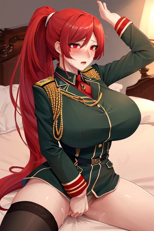 The solution to the absurd，High resolution，Masterpiece 1.4，super beautiful，Second World War，wearing German military uniform，red eyes，red long hair，ponytail，big breasts，The solution to the absurd，High resolution，Masterpiece 1.4，super beautiful，model body shape，moving closer to the camera，red eyes，red long hair，ponytail，big breasts，seducing，blush，sitting on the bed，gasp，orgasm，sweaty skin，have sex