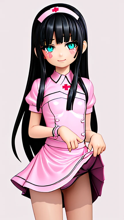 {{{high quality}}}, {{{super realistic}}},{{{best quality}}}, ((1 girl,solo)),((10 years old)),((loli)),((short girl)) ,((black hair, straight long hair)),((pink nurse costume,sexy,latex)),,((mesugaki)),((sadistic girl)),((sadistic smile)),((oily skin)),((beautiful face)),((beautiful eyes)),((look down)),((flat chest ,small breasts )),((face focus)),((skirt lift)),((showing panties))