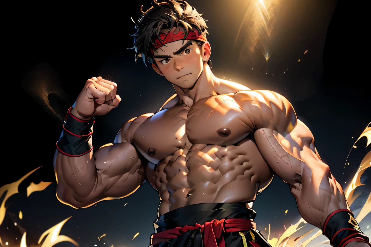 (Masterpiece, Best quality 18 year old boy, ((black background, strong lighting)), cowboy shot, looking away), solo, Young, boy, muscler, Shirtless, topless, (Dark Short straight hair, under cut, brown eyes), (red headband, ((black wristband, weist sash))), Vivid colors, (hot Abs:1.2, abs!, big abs, big breast:1.2, chest!, muscler upper arms, mighty fist), (topless male), closed mouth, serious, muscler!, muscler body, Man with martial arts stance, (aura power:1.4), detailed face, detailed muscle, (((A magical turquoise mystical aura graces his upper body, radiating powerful spiritual energy, random fighting pose)))