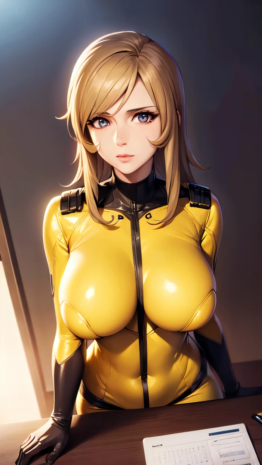 Milf, woman in a futuristic suit, highly detailed face, cool, mom, tomboy, very large breast, (Milf), mature face, (mature female), cybersuit, anime girl wearing tight suit, milfication, Elegant body, navel focus, naked body, gloves, earrings, science fiction, female protagonist, standing, volumetric light, detailed lighting, detailed textures, oppai cyberpunk, biomechanical oppai, masterpiece, best quality eyes, sci-fi background, futuristic landscape, low angle、((yellow body suit))
