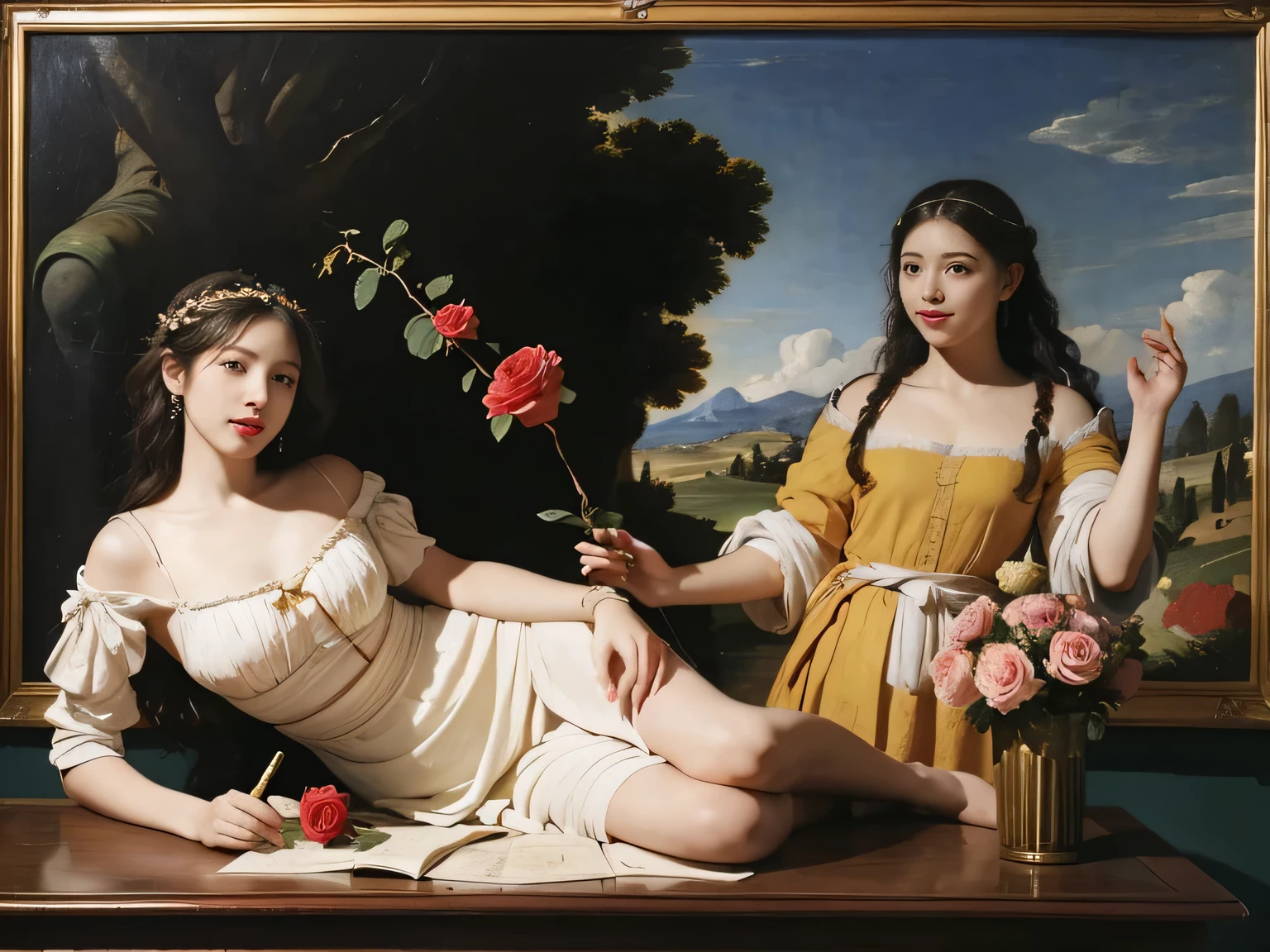full body portrait or statue、Giorgione painting style,Arguments of two female Philosophe,math、astronomical machine、astronaut、roses in vase、fruits、Cute trinkets、smile、ancient greek costume、Ancient Roman landscape in the style of Nicolas Poussin,laughter,,Sweet and seductive appearance.、Caravaggio's paintings、Chiar