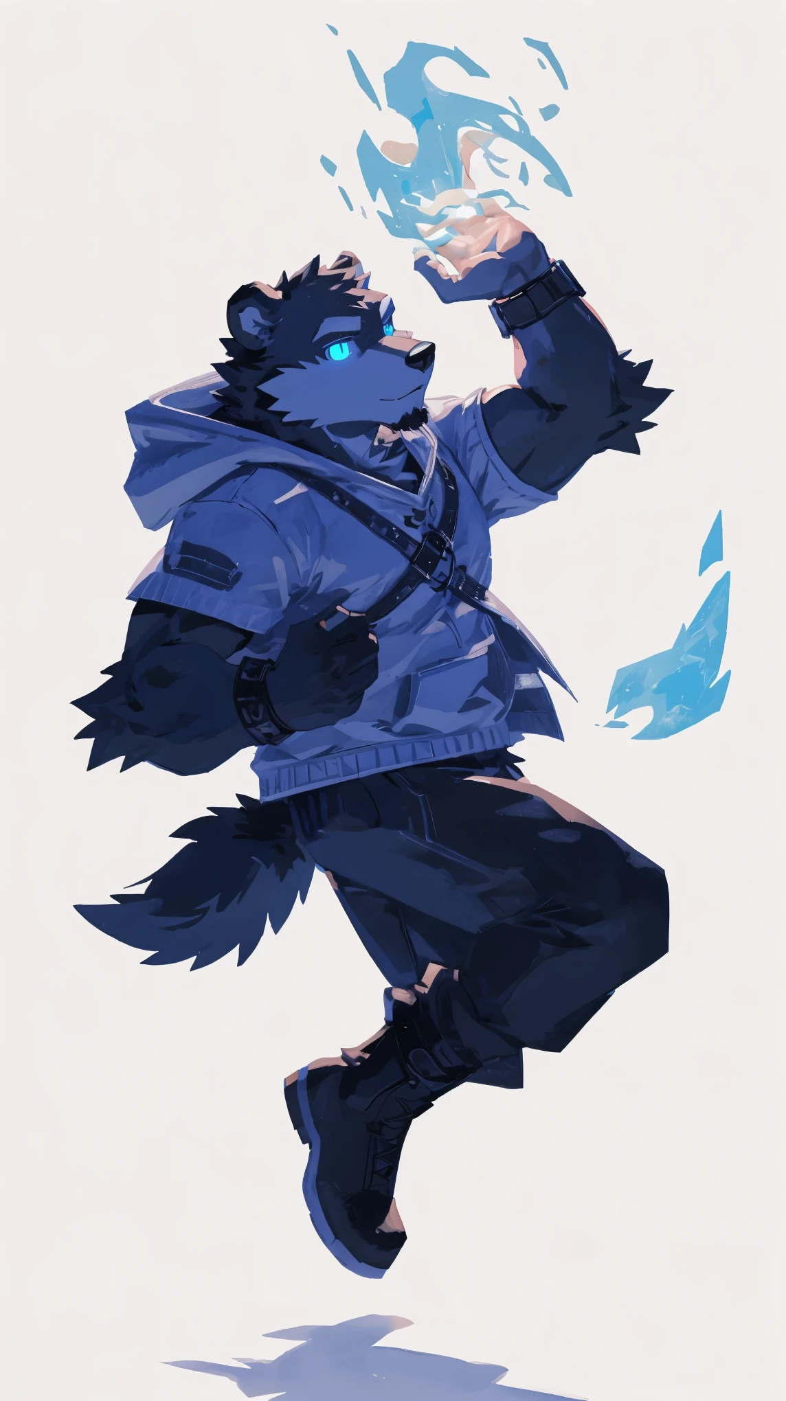 (masterpiece:1.2), best quality,pixiv,official art,perfect anatomy, (Ray tracing, light),solo, (1_male:1.3) , (muscle), (dark fur:1.4), (dynamic poses:1.3), (ultra deTailed), sharp focus, Negi, eyes, (glowing cyan eyes), hairy, (Gray fur:1.4),(muscle bear), (beard:1.2), Tail, Thick eyebrows,open hoodie, naked inside, cargo shorts, boots, ultra deTailed face, high deTails, high quality, (best quality,4K,8K,high resolution,masterpiece:1.2),bright colors, jumping ,flying, reach hand, (white background:1.3), (light flow:1.3), blue fire on hand