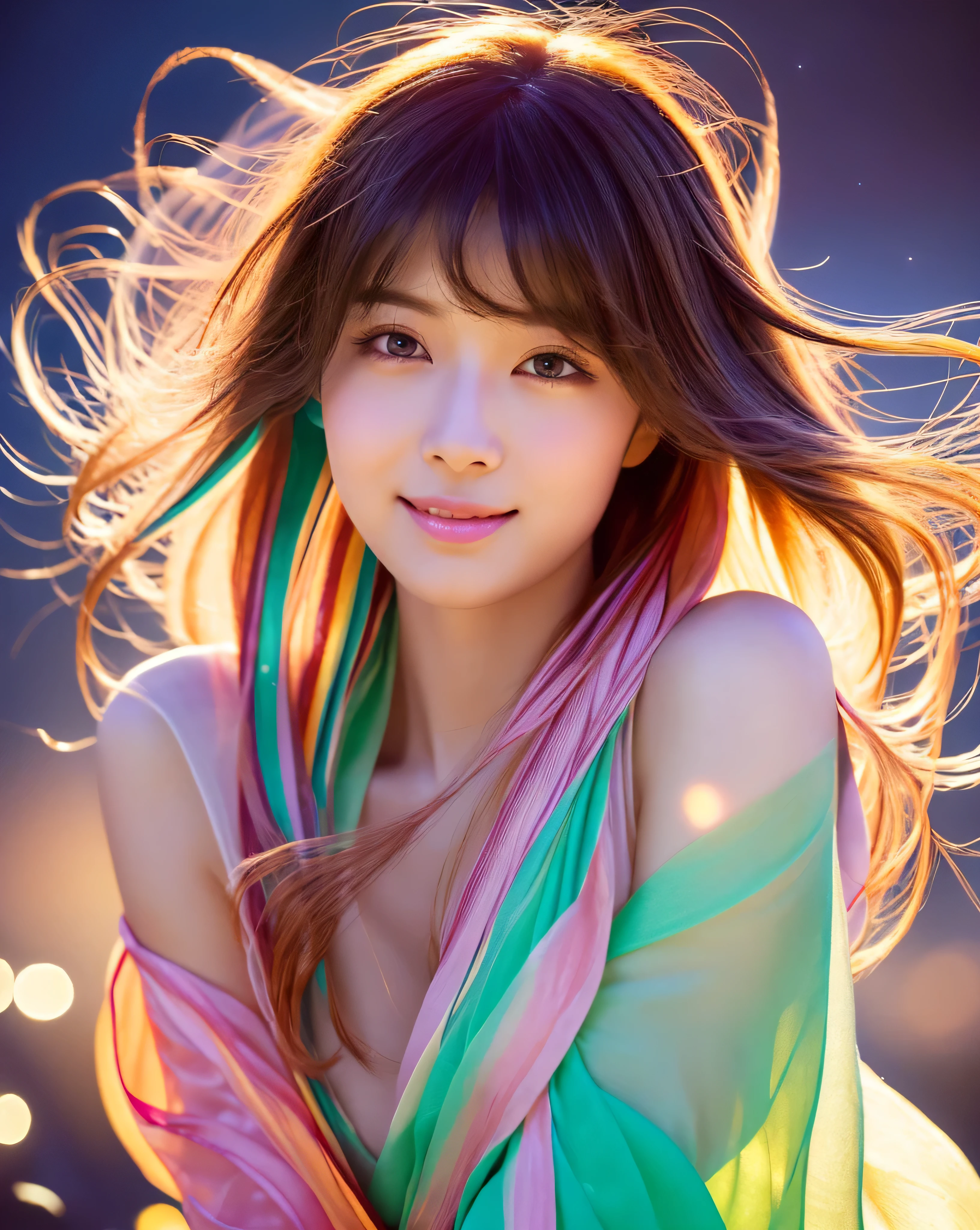 (highest quality, 32k, High resolution, masterpiece:1.5,), Haunting fantasy portrait in abstract style, ((In a swirl of fantastic pastel colors and soft light)), Evoking a sense of soothing tranquility and elusive beauty, Award-winning masterpiece with amazing details, cute japanese woman, perfect human anatomy, big magical eyes, fleeting smile, ((shiny and detailed red hair)), Long straight hair tousled by the wind, Beautiful asymmetrical bangs, hair between eyes, smooth and soft skin, thin eyebrows, clear double eyelids, pale pink lips, ((Wrap your body in a transparent silk cloth)), High resolution perfect clavicle, Beautiful chest in high resolution, Slender body with plump breasts, ((Colorful sparkling light effects:1.3)), Sea of night, full moon, Moonlit, professional lighting, professional photographer, Professional models,mysterious