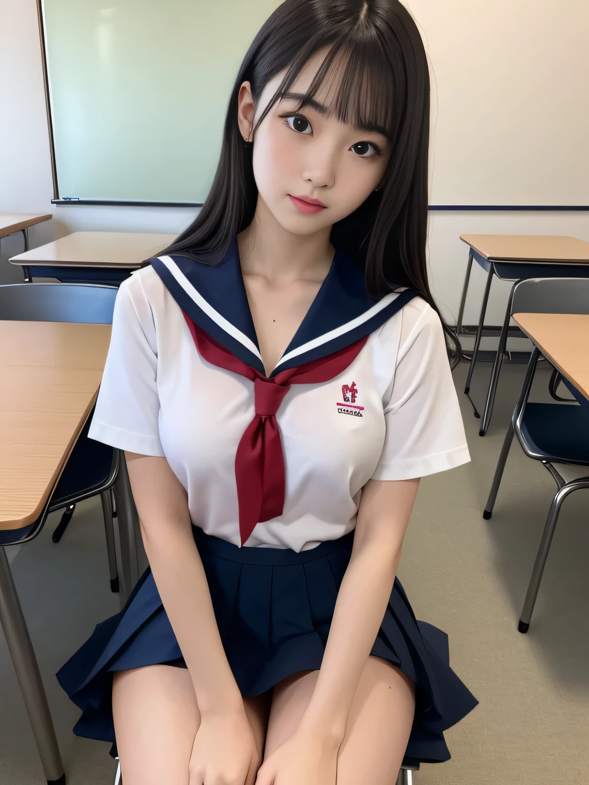 K, highest quality, real image, intricate details, Super detailed, ultra high resolution, depth field,(realistic,realistic:1.2), (small breasts:1.2), japanese girl, very beautiful 17 year old girl, (beautiful breasts:1.5, highly detailed eyes:1.2), (beautiful breasts:1.1), bangs, perfect skin, Fair skin, tight waist, looking at the viewer, black hair, hair behind the ear, shoulder hair, long hair, no makeup, knees together, in a high school classroom, During class, (high school sailor suit:1.2), (navy pleated skirt:1.2), sit in a chair 