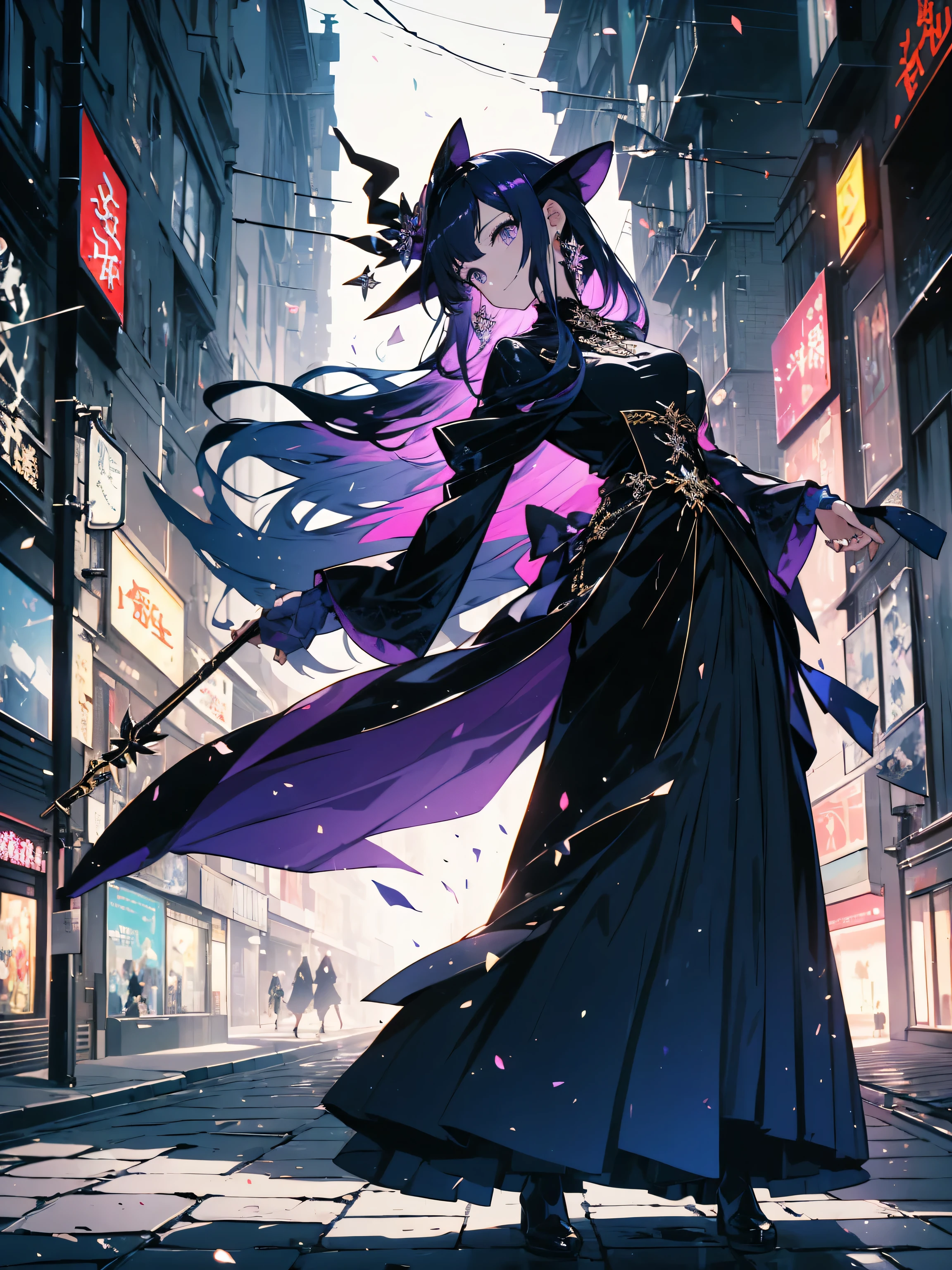 ((highest quality, 8K, masterpiece :1.3)),(Shining eyes、detailed beautiful face)、 (1 girl,witch)、 a beautiful smile, (Black witch long dress with blue rose decoration)、(black witch hat)、(wooden long magic wand、jewelry decoration)、full body, slim face, Beautiful woman, (dark blue-purple hair), full length dress :1.1, super detailed face, fine eyes, double eyelid, blur background, slim face, city, outside, A deserted street, City of night、London、beautiful anime