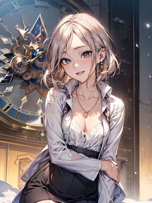 ((Biologically correct number of limbs))、(( Full body photo including face))、4k、masterpiece、((focus on face))、((symmetrical facial features))、Eyes of meticulous depiction、Beautiful woman、outstanding style、beautiful arms、beautiful feet、beautiful hands、slender body、(small ass、thin thighs)、(black stockings、high heels)、detailed depiction of the face、small earrings、necklace、(upper body shirt、lower body skirt、coat)、snowy morning town、Gather in front of the clock tower、close up of face、smile、clear、Backlight、
