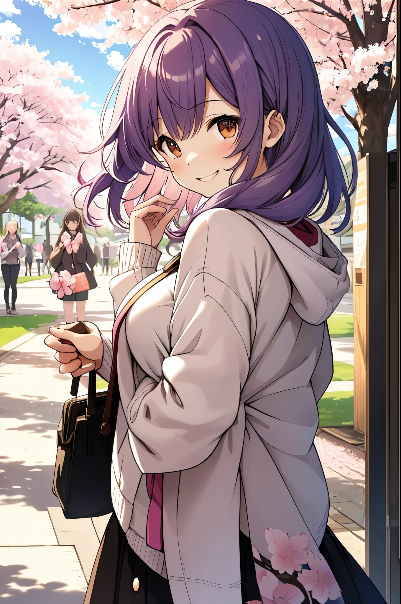 girl, on campus, cherry blossoms, simple canvas style painting style), (Bright and fresh color matching), (shy smile, natural behind the handle), (mid spring, 通りの両側には見事なcherry blossoms並木が) (beautiful blue sky and white clouds, soft and colorful, sunlight), simple background,purple hair