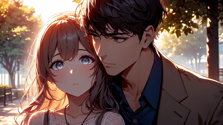 A grownup couple facing the camera, looking at the camera, under a tree, worried expression, cinematic dynamic camera angle, bright, warm , masterpiece, sunshine, bright, 1 tree in background