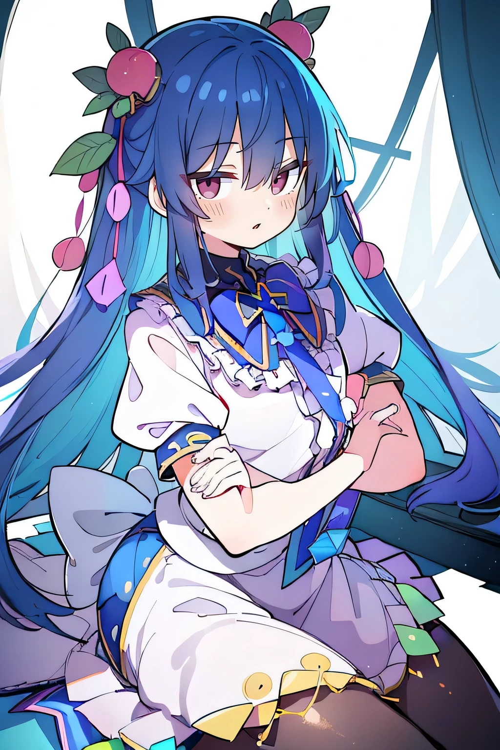 (best quality,highres,masterpiece:1.2),ultra-detailed,(realistic:1.37), expressive eyes, perfect face, 1 girl, hands on waist, beautiful, glamorous, Japanese anime, girl, Lola, Chouno Angel, blue hair, floating clothes, waist grabbing, hands on hips, flat-chested, starry sky