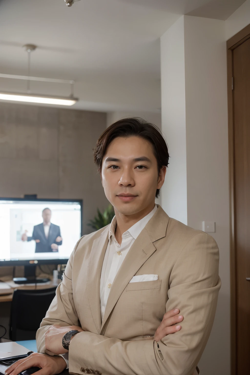 ((Melhor qualidade)), ((obra de arte)), (detalhado), perfect face Imagine a visionary male CEO, Korean man leading a natural medicine company in a stylish and welcoming office, projetado para inspirar criatividade e bem-estar.