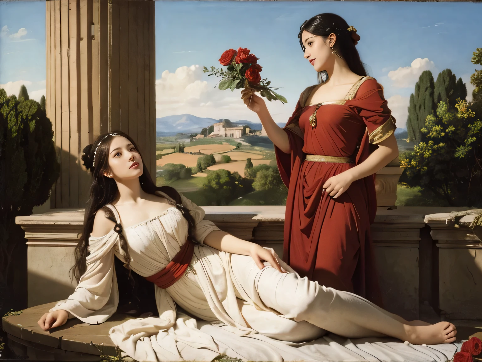  full body portrait or statue、Giorgione painting style,Arguments of two female Philosophe,math、astronomical machine、astronaut、roses in vase、fruits、Cute trinkets、smile、ancient greek costume、Ancient Roman landscape in the style of Nicolas Poussin,laughter,,Sweet and seductive appearance.、Caravaggio's paintings、Chiaroscuro of Caravaggio、hair tousled by the wind,Two women frolicking,cute smile, expression of ecstasy,Sexy,erotic