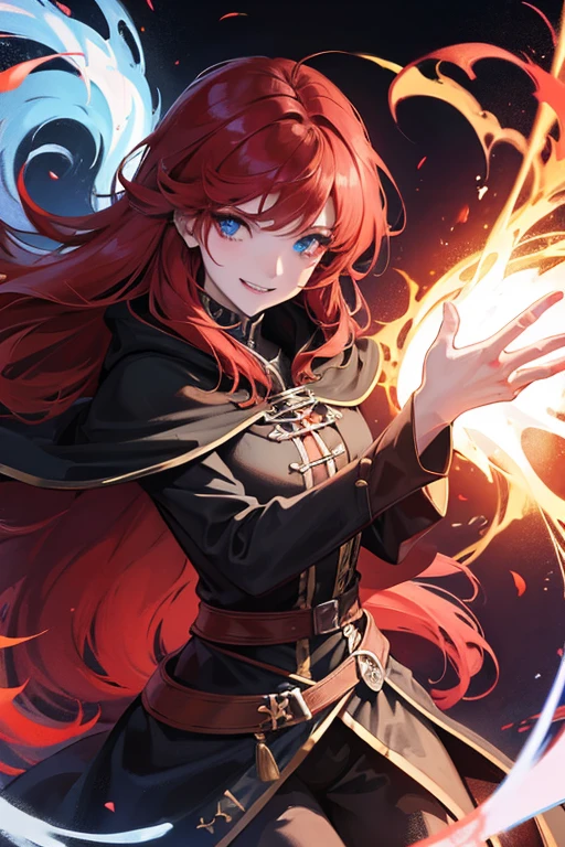 A mage girl with dark cloak, long red hair, blue eyes, medium , white skin, and grinning while looking at viewer.