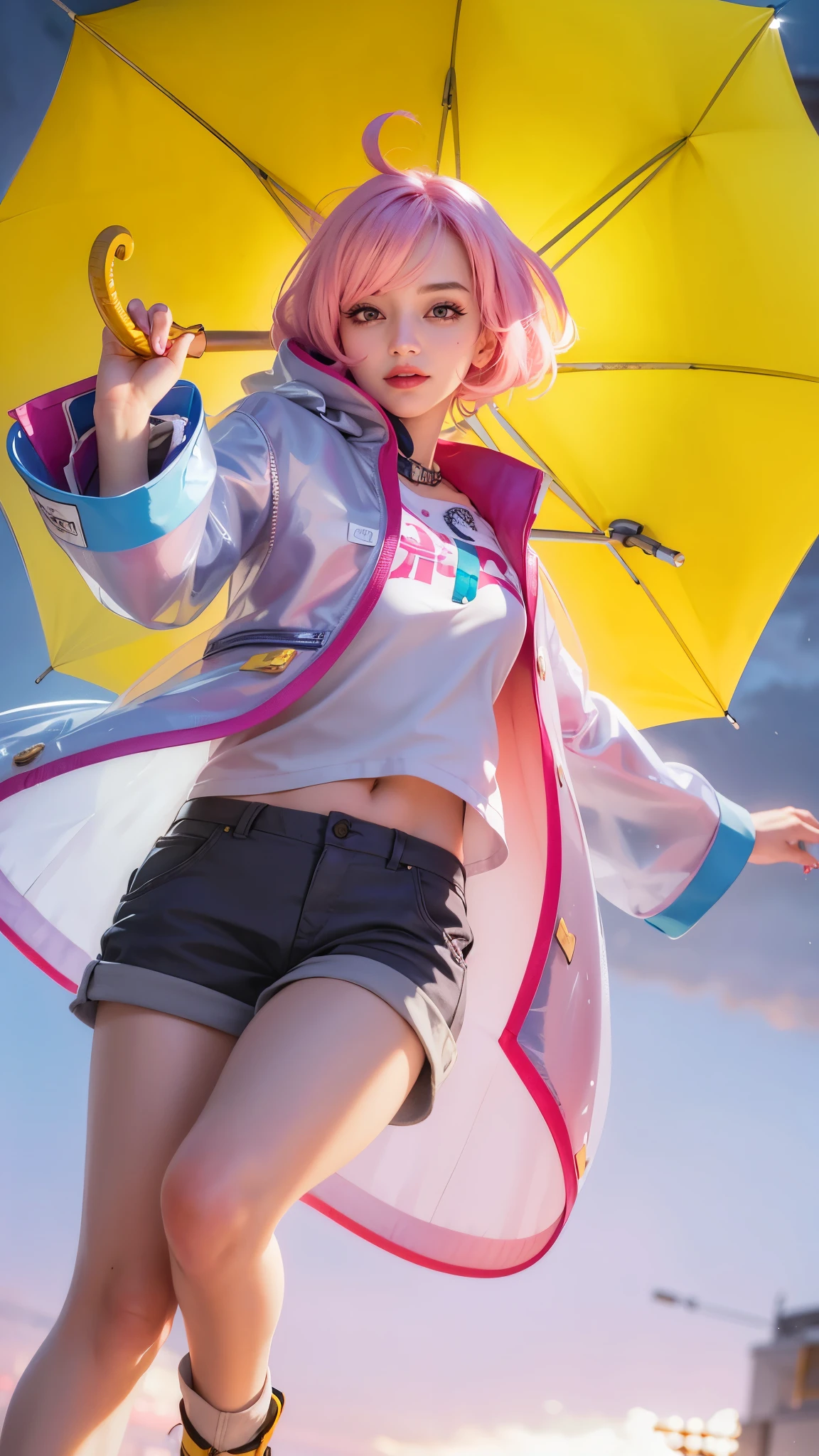 girl with pink hair holding a umbrella, red lips glossy, 8k, ultra hd, ultra detailed texture, hyper realistic, masterpiece, detailed texture, detailed face, detailed skin, detailed lighting, (photorealistic:1.5), best quality, beautiful lighting, cinematic lighting, professional lighting, ultra highres, realistic, detailed hair, real hair, high quality, (realskin:1.5), extremely detailed, finely detail, ultra-detailed, smile, pink eyes