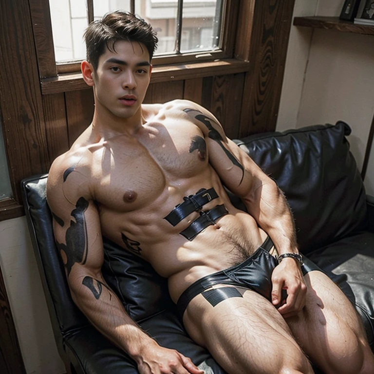 ung handsome guy,20-25 years old,Handsome,musculous,Thin muscles,hairy bodies, (Fine eye 1:3),Black eyes,full bodyesbian,full bodyesbian ,epic realism, epic photorealistic , puffy nipples , swollen nipples ,sexy , eroticism , (only wearing strings thongs) , full length shot(fls) , NSFW , bare chest , thick fat booty , thick hips , thick thighs , fat buttocks , nude , naked , phat ass