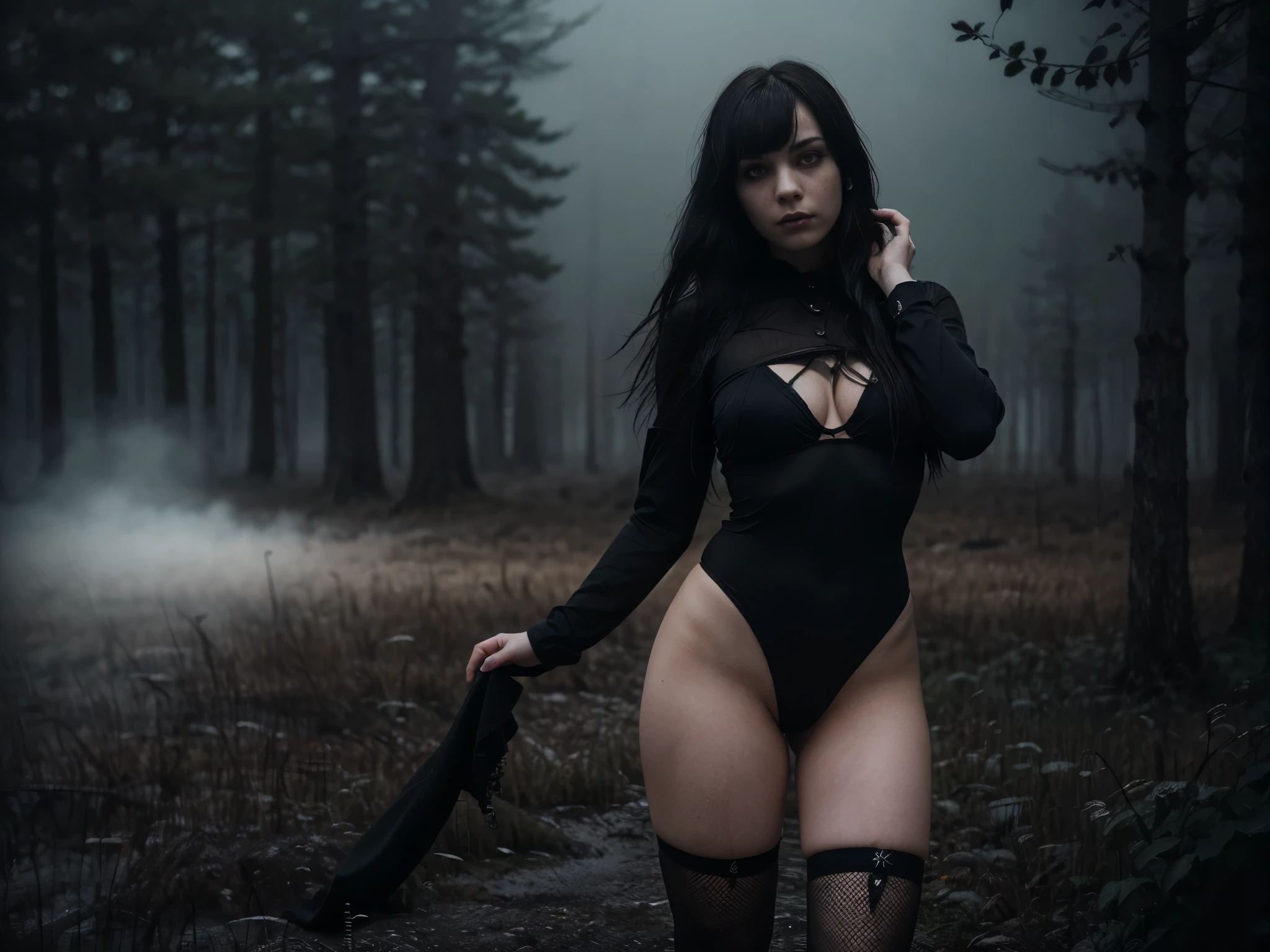 (Best Quality,hight resolution,Masterpiece, full body view:1.2),Ultra-detailed,woman dressed in black fishnet unitard,sickly,standing in a creepy foggy field, fishnet stockings, detailed fishnet unitard, half body shot, intricate high waisted black thong and bra visible through a fishnet unitard, centered subject,gloomy ecstasy,fetish,dark gloomy atmosphere, creepy atmosphere, gritty texture,Retro-atmosphere,warped reality,melancholic expression on his face,mysterious aura,foggy atmosphere,foggy background,Subtle color palette,provocative pose,Strong emotions,Coming Out of the Depths of Despair,Piercing gaze,intense shadows,Plunged in Darkness,dark industrial aesthetic,ominous vibe,A supernatural sensation,Loss of Place in Time and Space,Eerie silence.asymmetrical bangs, freckles, black short hair, Bangs, freckles, gray eyes,