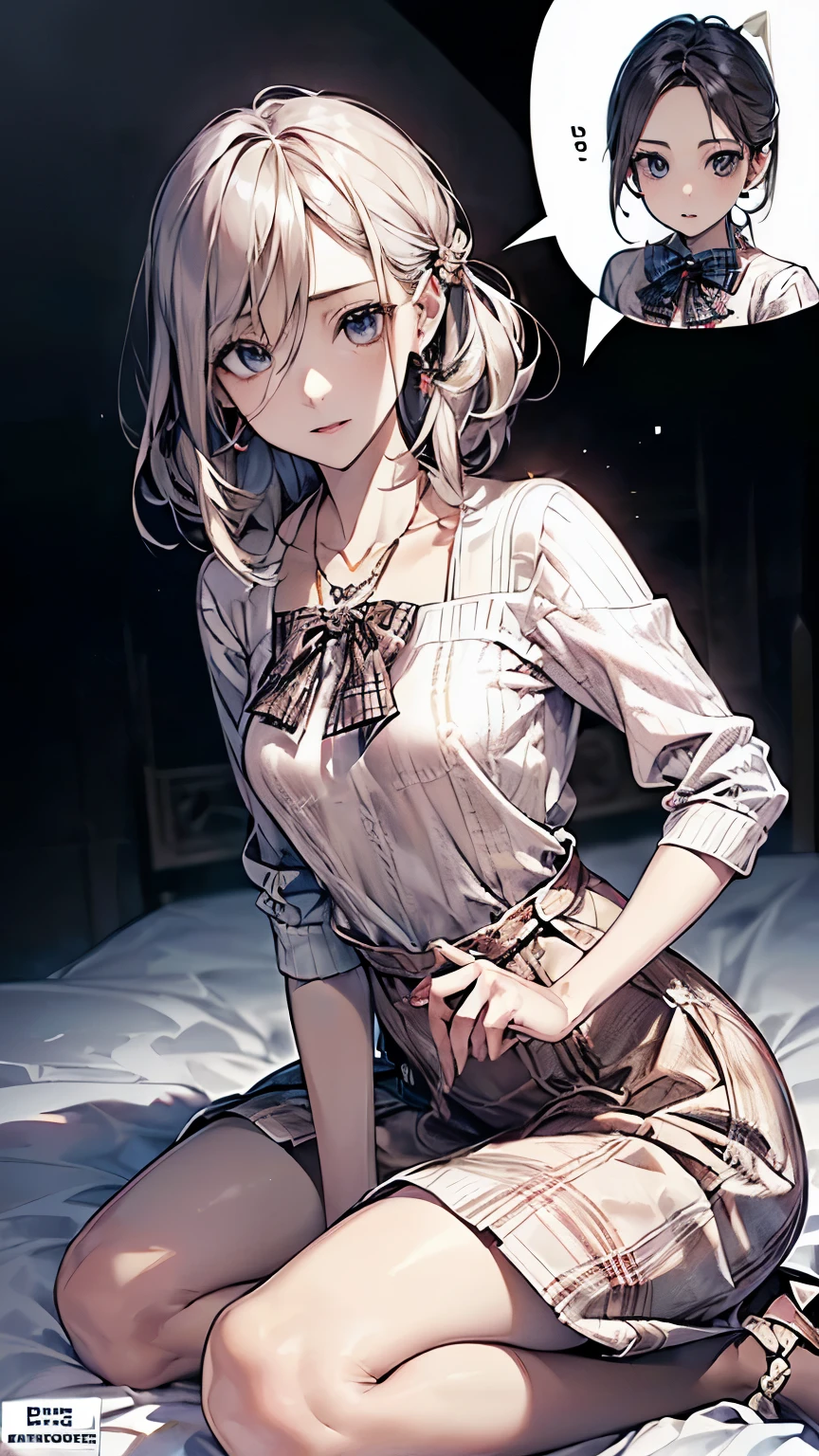 ((Biologically correct number of limbs))、(( Full body photo including face))、4K、((standing position))、masterpiece、((focus on the face))、((Symmetrical facial features))、Eyes with detailed description、Beautiful woman、outstanding style、beautiful clavicle、beautiful legs、beautiful hands、slender body、(small ass、thin thighs)、(stockings、high heels)、Detailed depiction of faces、small earrings、necklace、(knit dress、(plaid skirt))、close up of face、turn one's face upward、sideways glance、A bow tie、night、Super dense fog、((photo in diagonal white frame))、(((speech bubble)))、