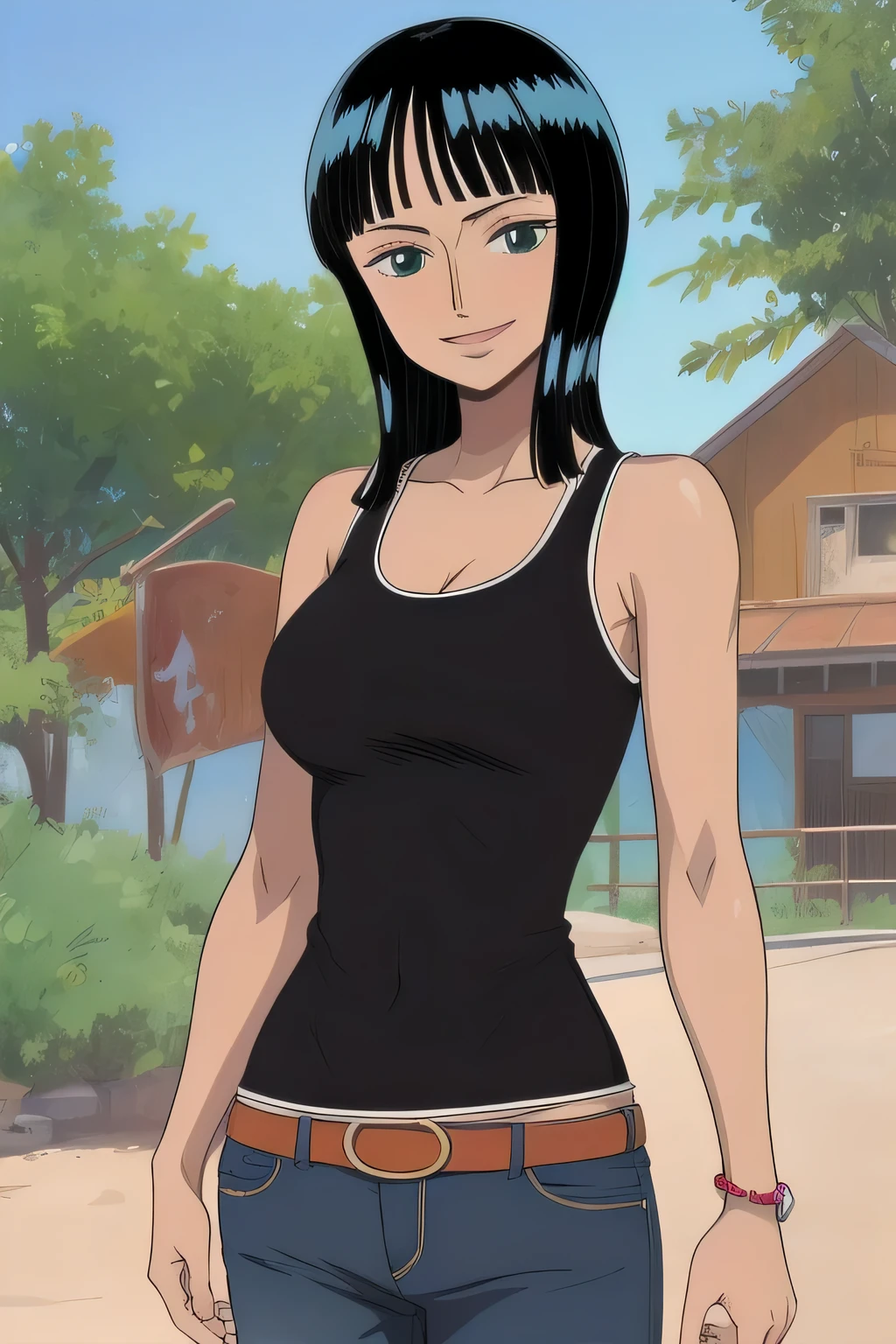 1girl,nico robin,cowboy shot,mature female,happy,light smile,tank top