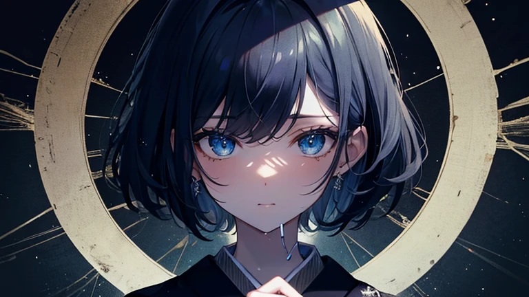 (masterpiece,highest quality,Super detailed),1 girl, Black and navy blue hair,Beautiful and dense face, fine eyes,looking at the viewer, face of great sadness,(scream),open mouth,(large tears),（tears are falling,1,2),kneeling on the ground,Stretch your right hand out wide and open your palm.,blue eyes,((gray theme),pale skin,japanese kimono, shining eyes,((night)),dark environment, (((fresco,fresh picture))),in the forest,
