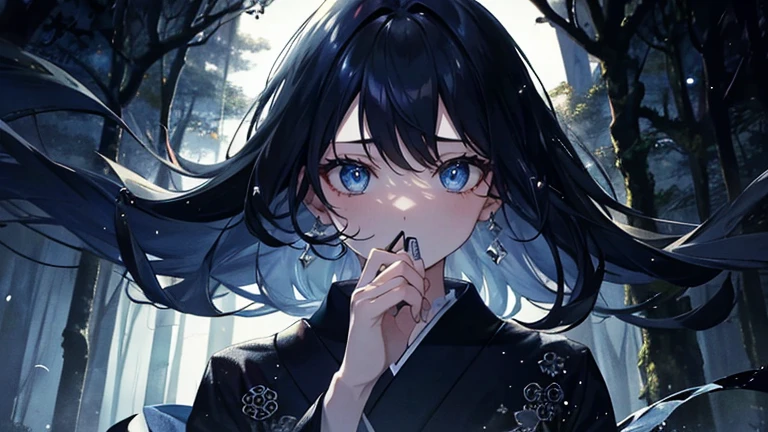 (masterpiece,highest quality,Super detailed),1 girl, Black and navy blue hair,Beautiful and dense face, fine eyes,looking at the viewer, face of great sadness,(scream),open mouth,(large tears),(tears are falling,1,2),kneeling on the ground,Stretch your right hand out wide and open your palm.,blue eyes,((gray theme),pale skin,japanese kimono, shining eyes,((night)),dark environment, (((fresco,fresh picture))),in the forest,