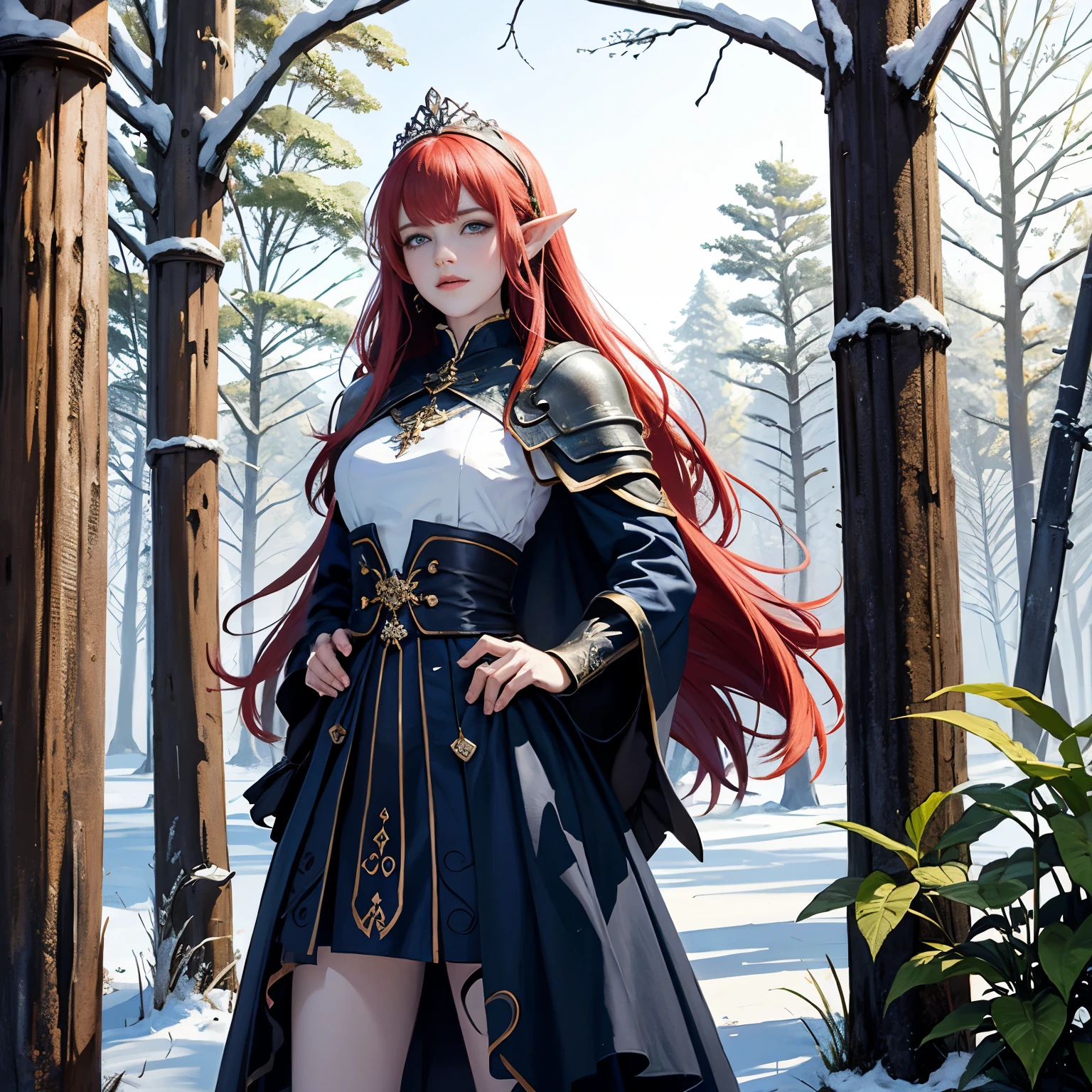 An elegant queen elf, adorned with an ice tiara on her head and a navy blue winter cloak embellished with golden details and a snowflake brooch. Her long black hair cascades down her back, a stark contrast against the winter landscape. Standing regally in the snow, she commands attention with the grand icy castle looming behind her. This RPG character, set in a medieval era, is a stunning red-haired elf princess with mesmerizing blue eyes. She is known as the Forest Warrior, skilled in both archery and combat. Her organic armor is a vibrant shade of moss green, blending seamlessly with the dense forest surroundings. The enchanted forest comes alive with bioluminescent mushrooms, casting a fantastical glow. The warm rays of the