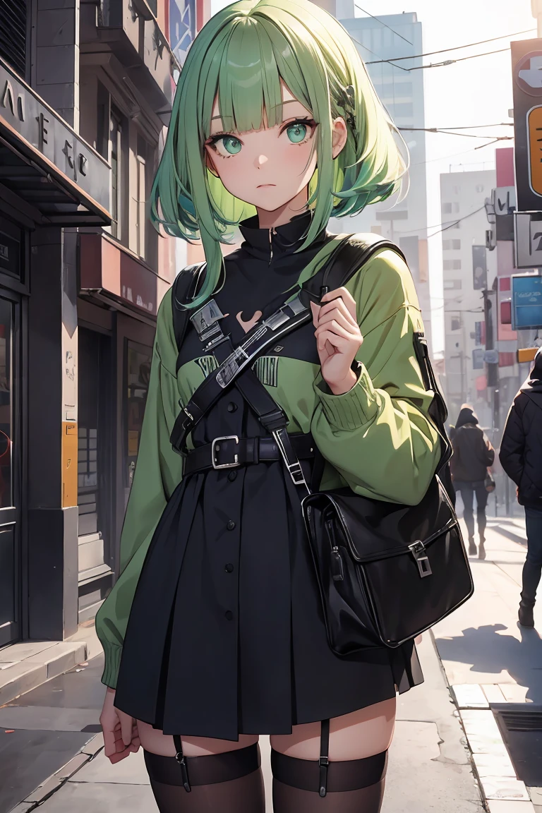 ((1 girl)), latest trend clothes, cowboy shot, Street fashion,cute costumes, small backpack,hair ornaments, one piece,black tights,((Super detailed,highest quality, High resolution, 8k wallpaper, beautiful clothes,)),((Small story、pastel colored hair, middle cut, side up,kind, ((asymmetrical bangs)) ,(light green eyes),eye shadow, eyeliner,Glow eye, highly detailed eyes, complicated eyes, beautiful eyes, 輝くlight green eyes、18 year old girl, five fingers