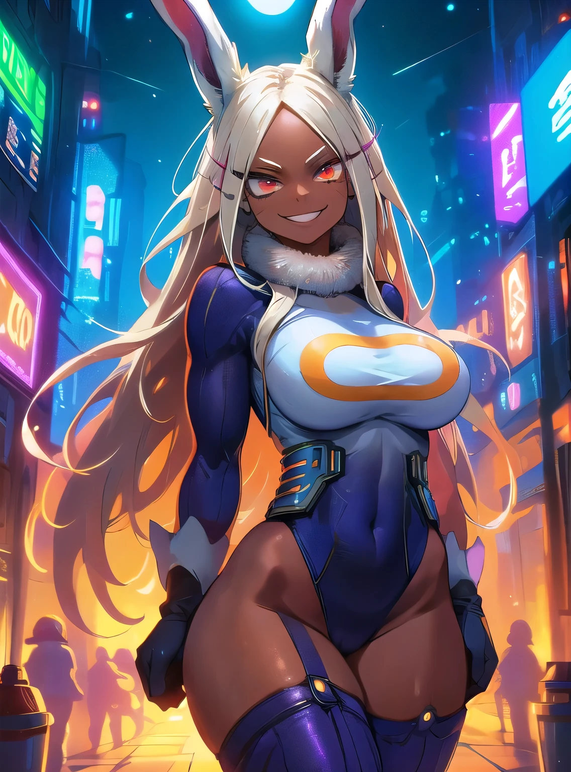 highres, masterpiece, BnhaMirko, mirko, 1girl, dark_skin, rabbit_girl, leotard, fur collar, gloves, kneehighs, smile, long_eyelashes, lines, shaking, sky, large breasts, red_eyes,night time,old city,neon lights  